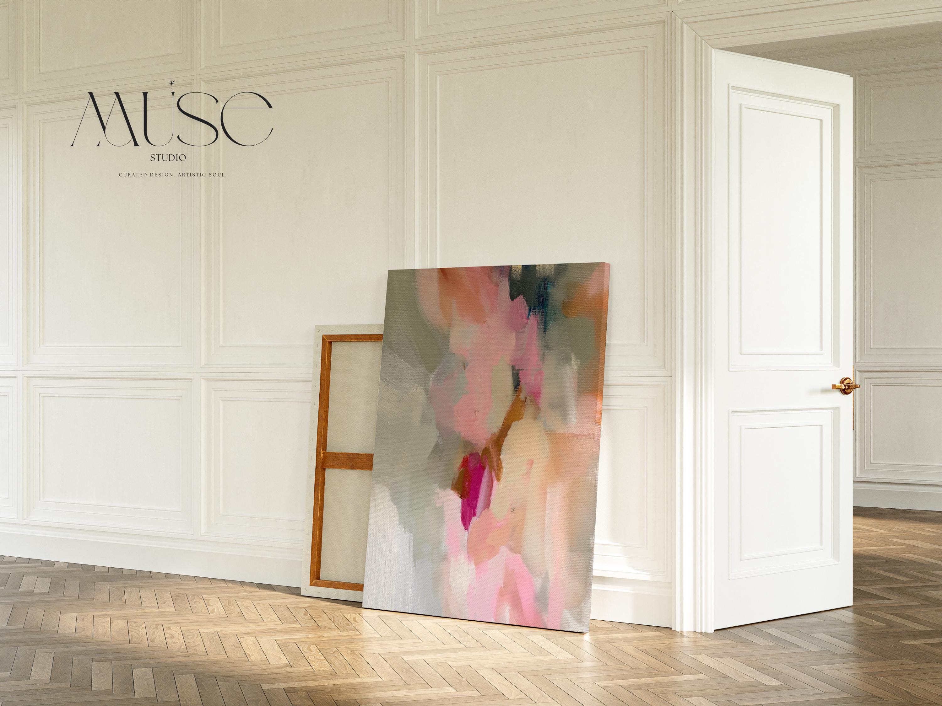 Blush, cream, warm beige and soft sage vertical abstract artwork printed by Muse Studio & Co. as a museum-quality giclée framed canvas, custom printed and hand-assembled in multiple large sizes with a natural wood floating frame, designed for modern farmhouse and organic transitional interiors.