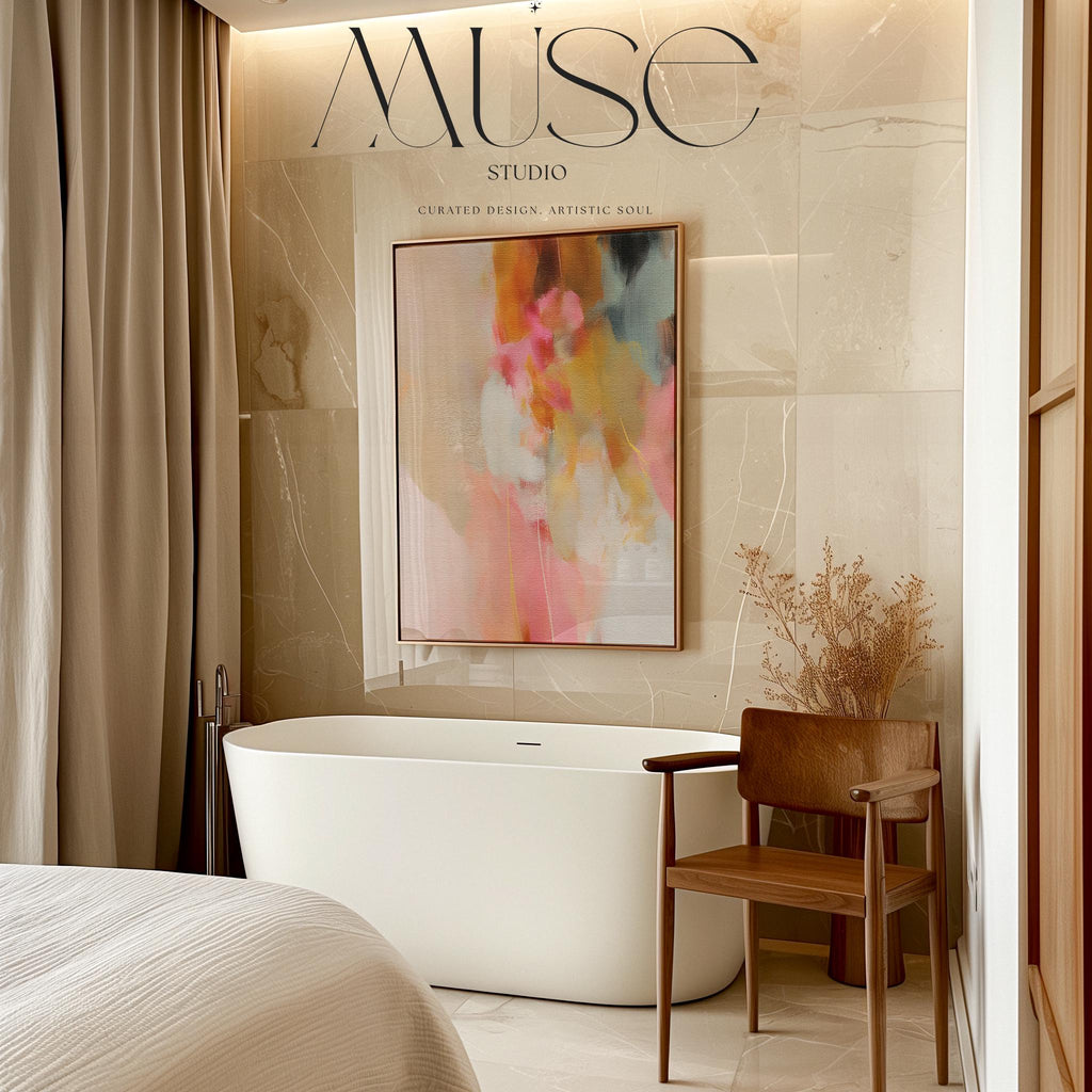 Coral, blush pink, sand and ochre vertical abstract artwork printed by Muse Studio & Co. as a museum-quality giclée framed canvas, custom produced in large statement sizes with a natural wood floating frame, suited for organic transitional and modern farmhouse interiors.