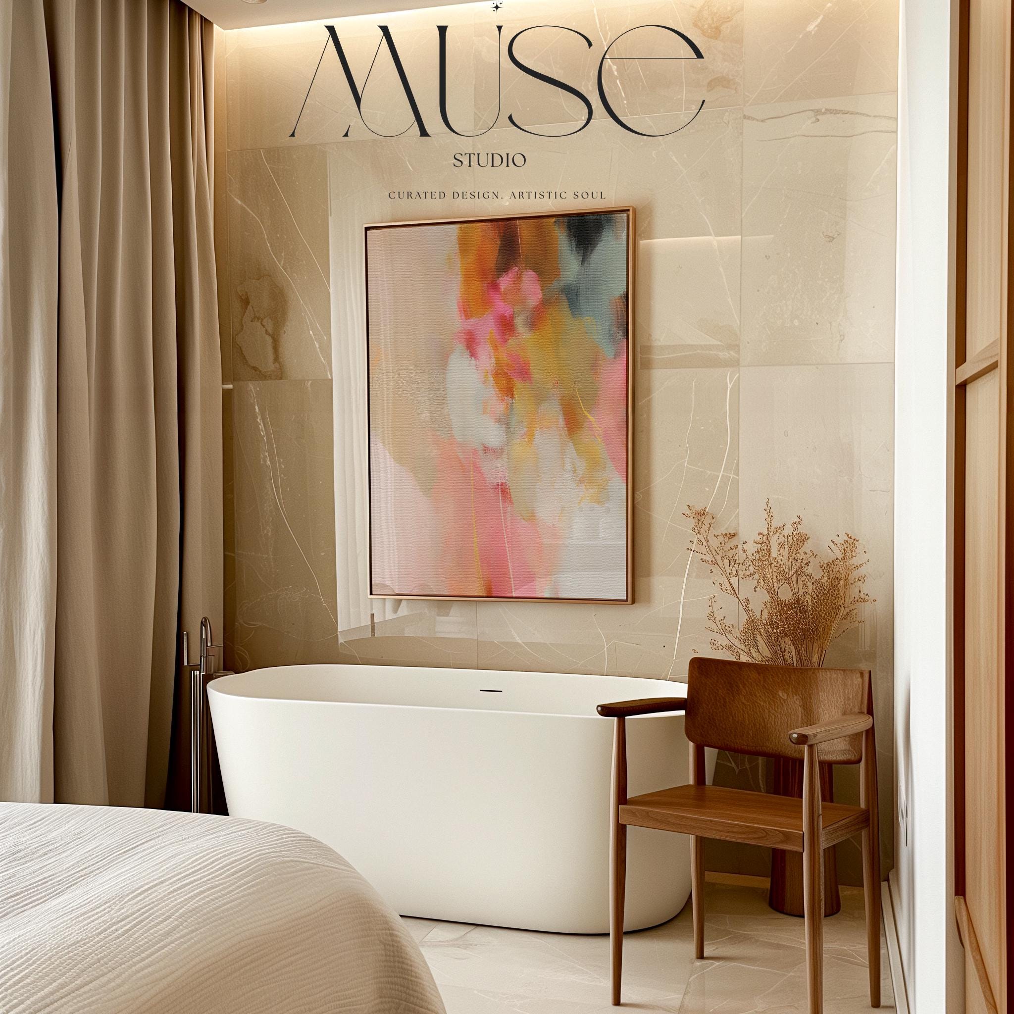 Coral, blush pink, sand and ochre vertical abstract artwork printed by Muse Studio & Co. as a museum-quality giclée framed canvas, custom produced in large statement sizes with a natural wood floating frame, suited for organic transitional and modern farmhouse interiors.