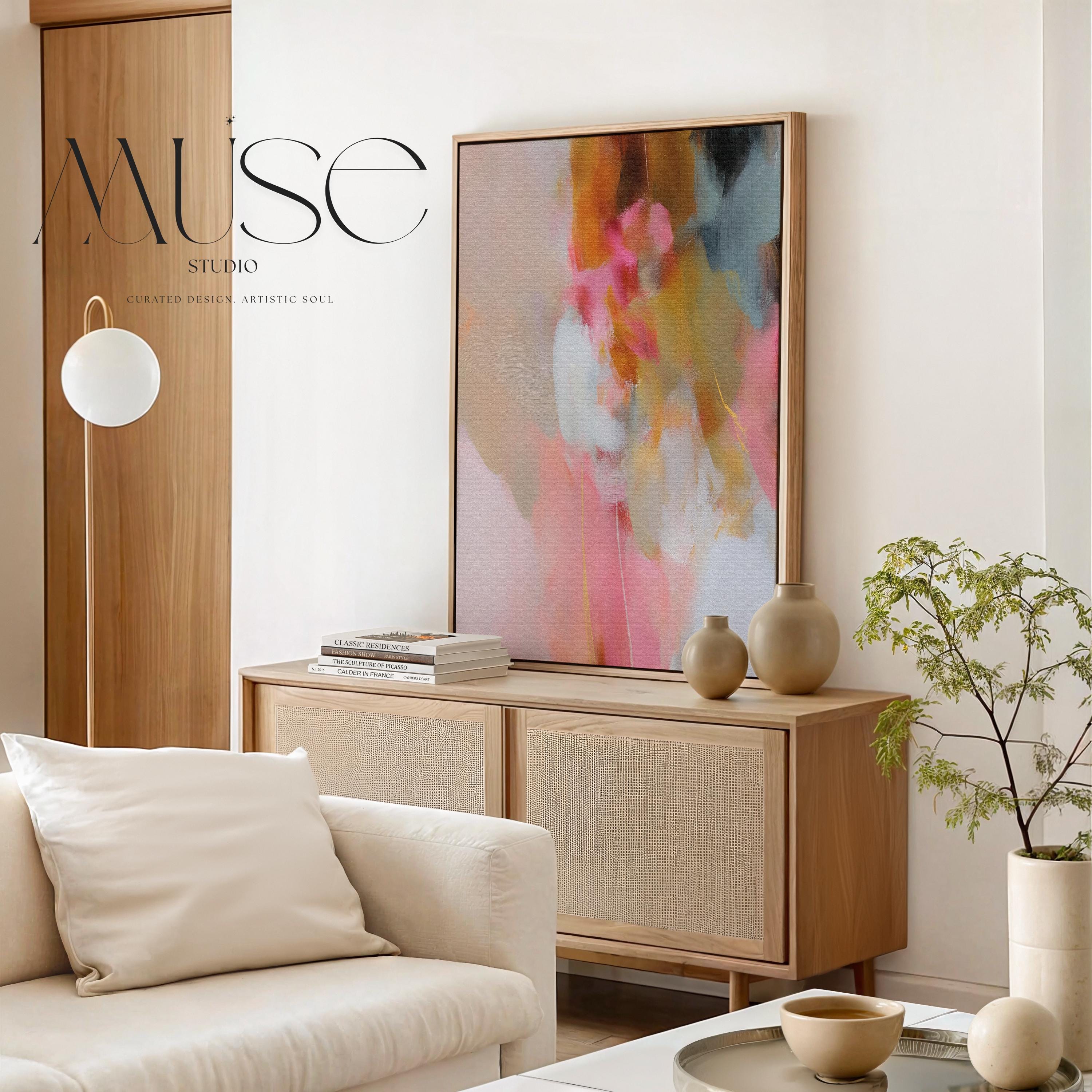 Coral, blush pink, sand and ochre vertical abstract artwork printed by Muse Studio & Co. as a museum-quality giclée framed canvas, custom produced in large statement sizes with a natural wood floating frame, suited for organic transitional and modern farmhouse interiors.