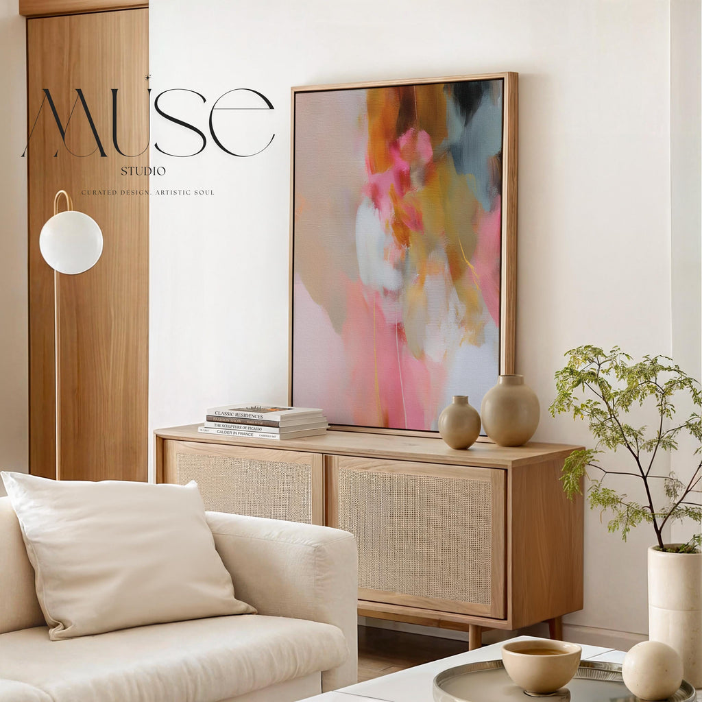 Coral, blush pink, sand and ochre vertical abstract artwork printed by Muse Studio & Co. as a museum-quality giclée framed canvas, custom produced in large statement sizes with a natural wood floating frame, suited for organic transitional and modern farmhouse interiors.