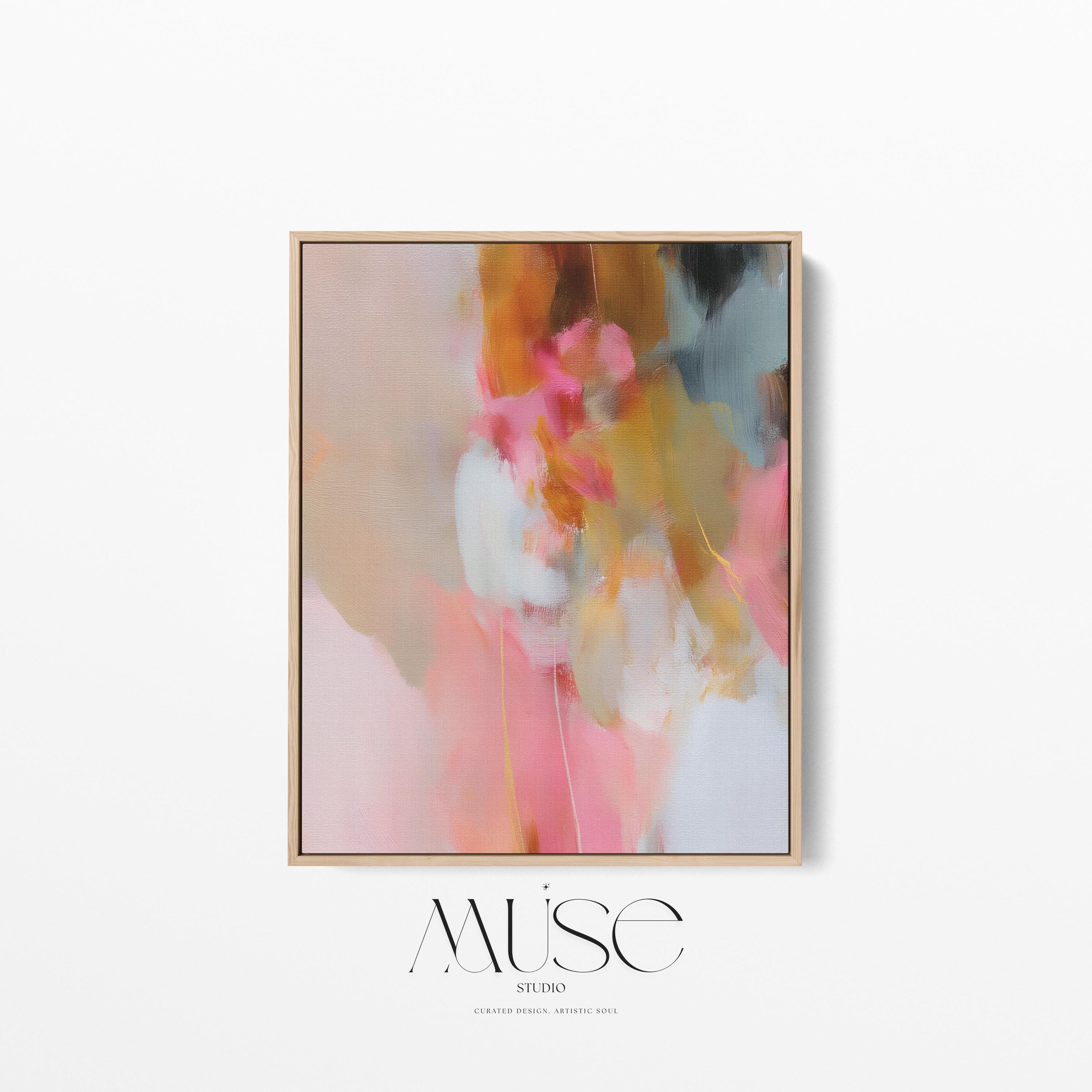 Coral, blush pink, sand and ochre vertical abstract artwork printed by Muse Studio & Co. as a museum-quality giclée framed canvas, custom produced in large statement sizes with a natural wood floating frame, suited for organic transitional and modern farmhouse interiors.