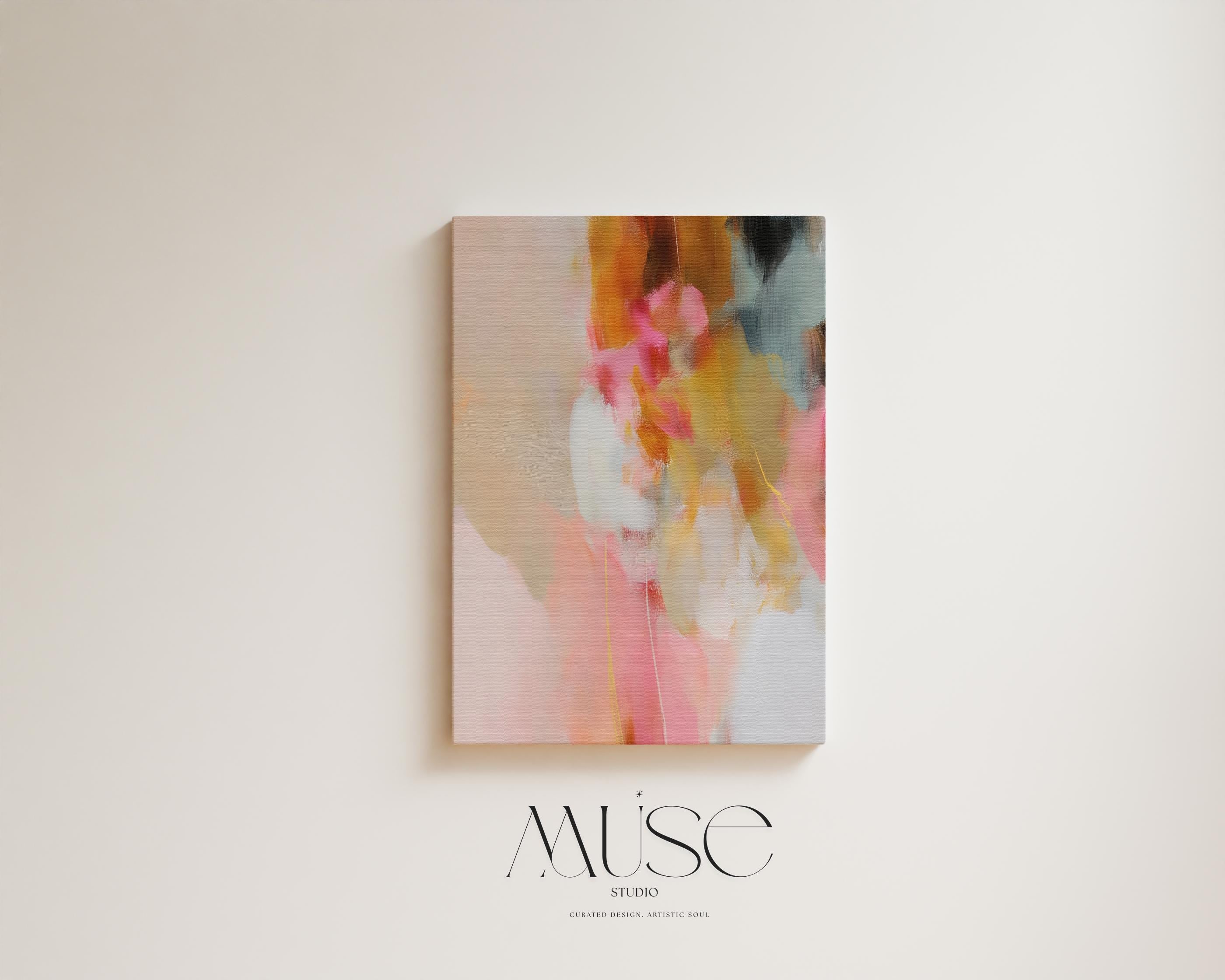 Blush and ochre vertical abstract artwork by Muse Studio & Co. printed with archival giclée inks on gallery-wrapped canvas, custom produced in large statement sizes with clean wrapped edges, designed for organic transitional and modern farmhouse interiors.