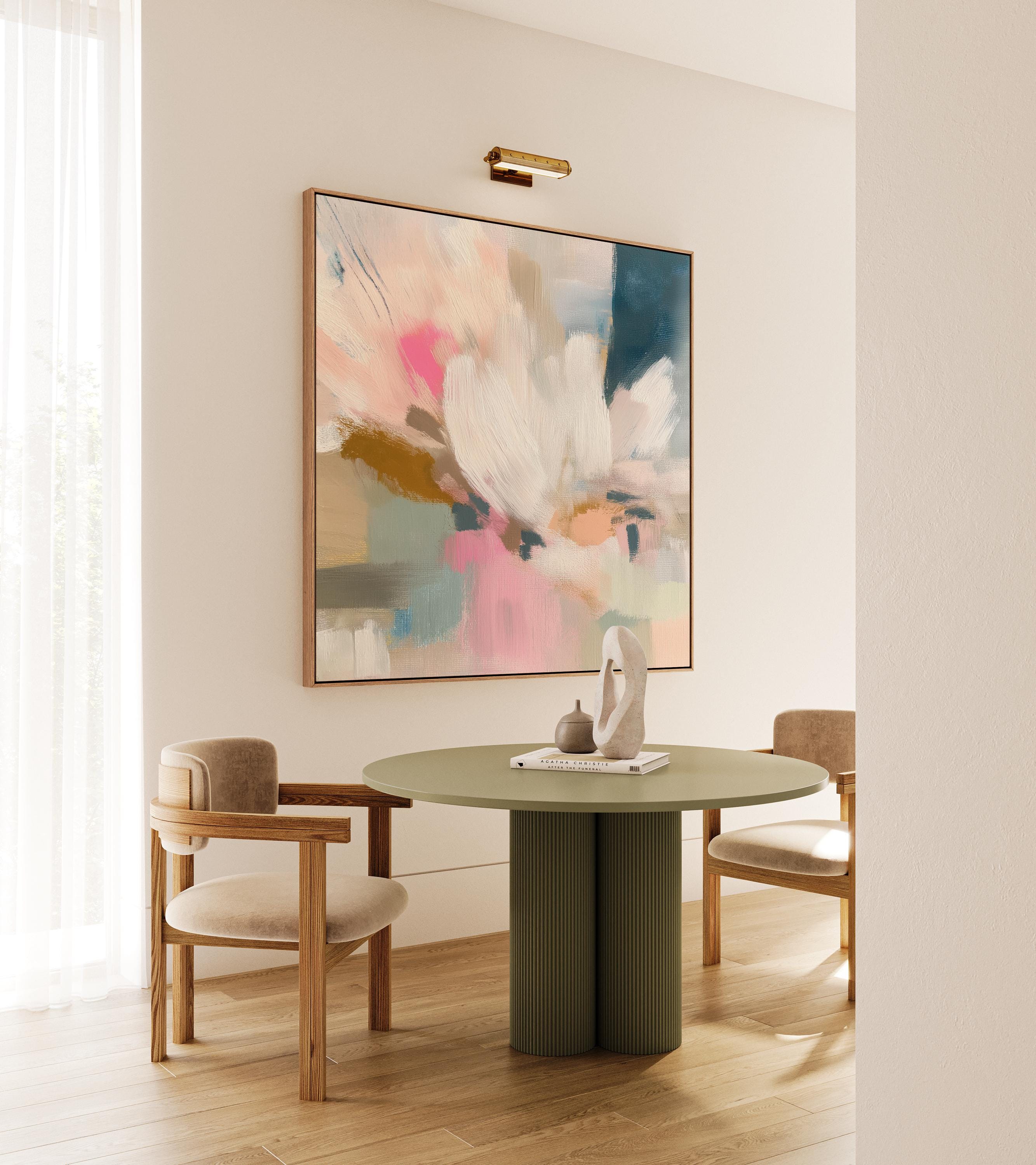 Large Floral Abstract Framed Canvas Wall Art · Blush Pink Soft Blue Pastel Floral Painting for Bedroom Living Room or Nursery · Modern Wall Decor on Premium Artist Canvas Printed with Museum-Grade Giclée Inks · Solid Wood Frame Ready to Hang · Oversized Statement Art · Muse Studio Morning Meadow 1027