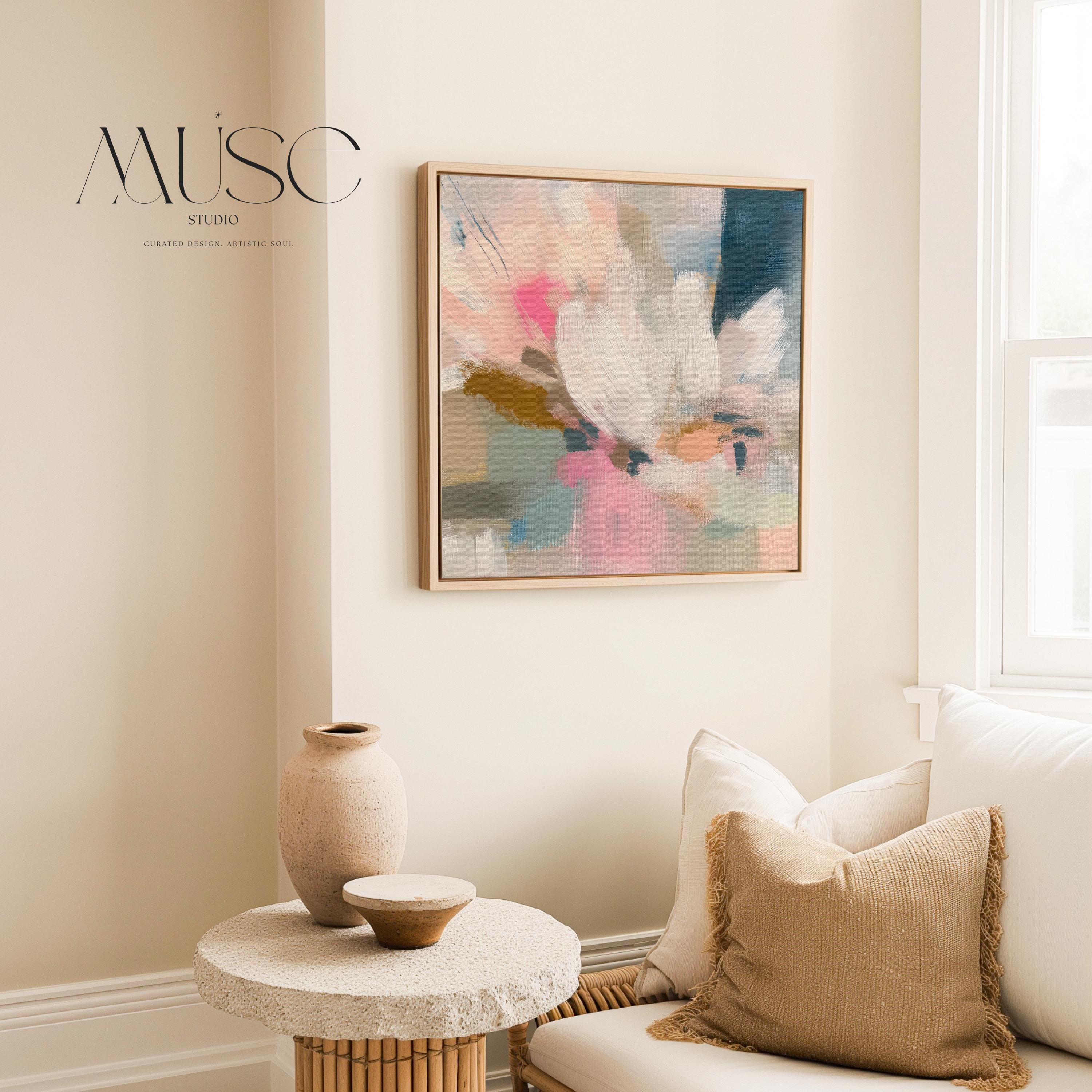 Large Floral Abstract Framed Canvas Wall Art · Blush Pink Soft Blue Pastel Floral Painting for Bedroom Living Room or Nursery · Modern Wall Decor on Premium Artist Canvas Printed with Museum-Grade Giclée Inks · Solid Wood Frame Ready to Hang · Oversized Statement Art · Muse Studio Morning Meadow 1027