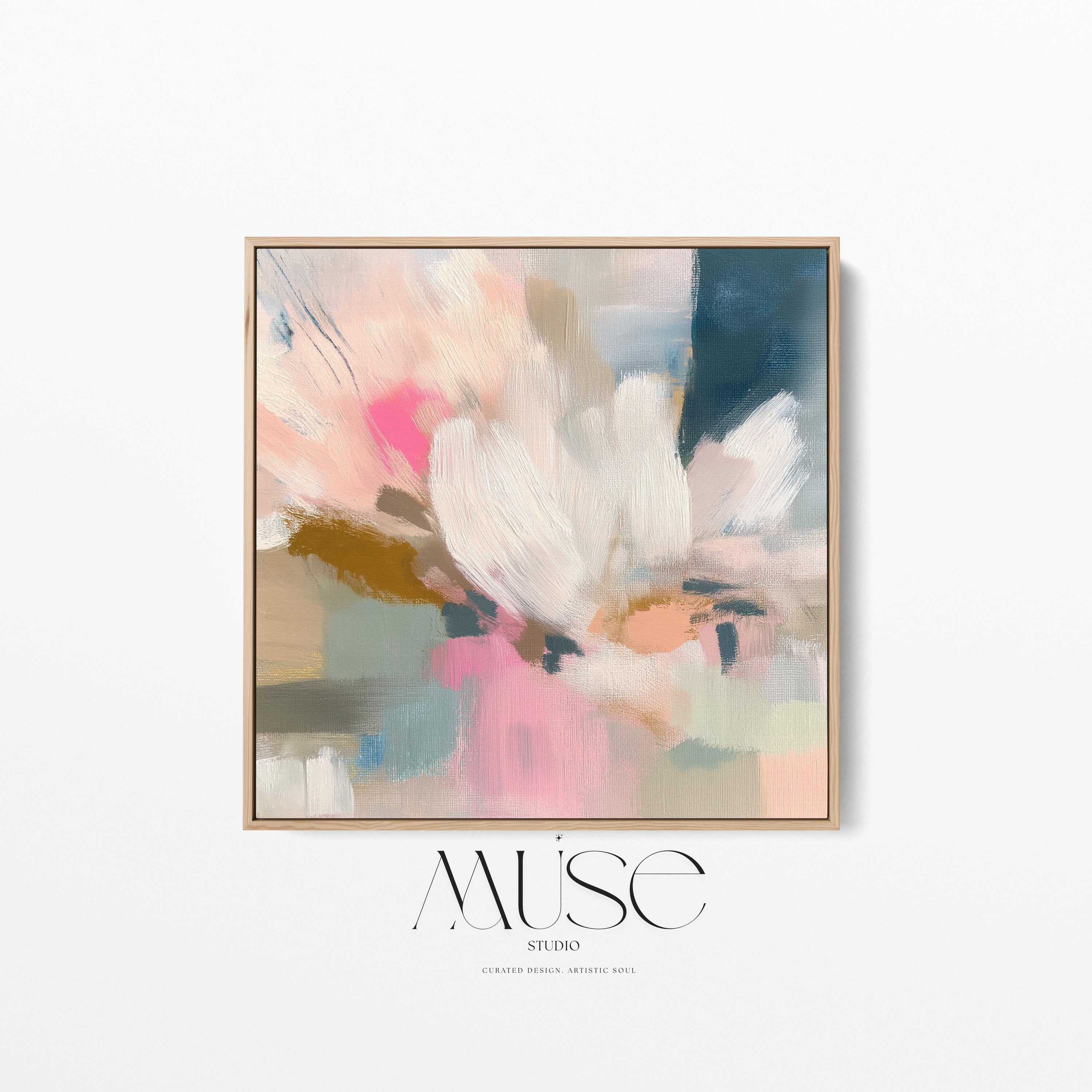 Blush and soft blue abstract artwork by Muse Studio & Co. printed as a museum-quality giclée framed canvas, custom produced in large statement sizes with a natural wood floating frame, designed for organic transitional, coastal neutral and modern farmhouse interiors.