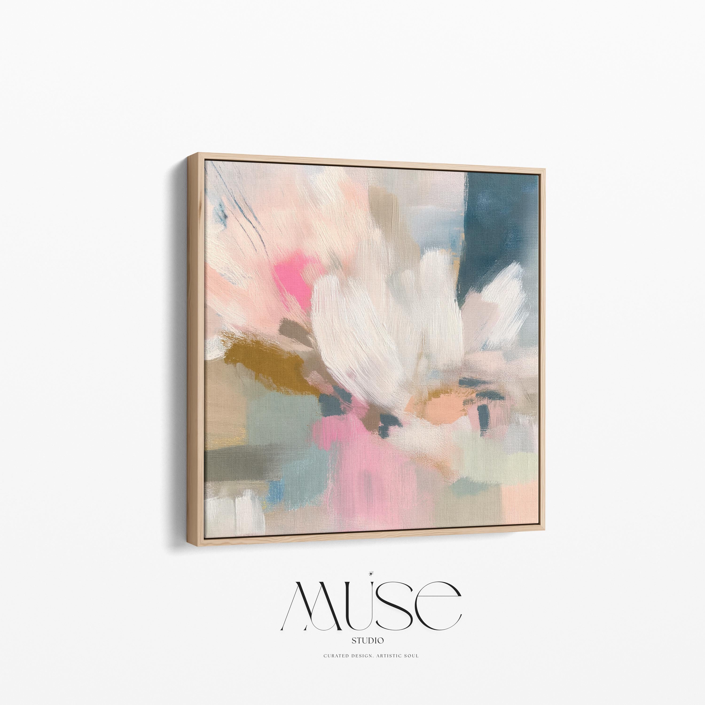 Blush and soft blue abstract artwork by Muse Studio & Co. printed as a museum-quality giclée framed canvas, custom produced in large statement sizes with a natural wood floating frame, designed for organic transitional, coastal neutral and modern farmhouse interiors.