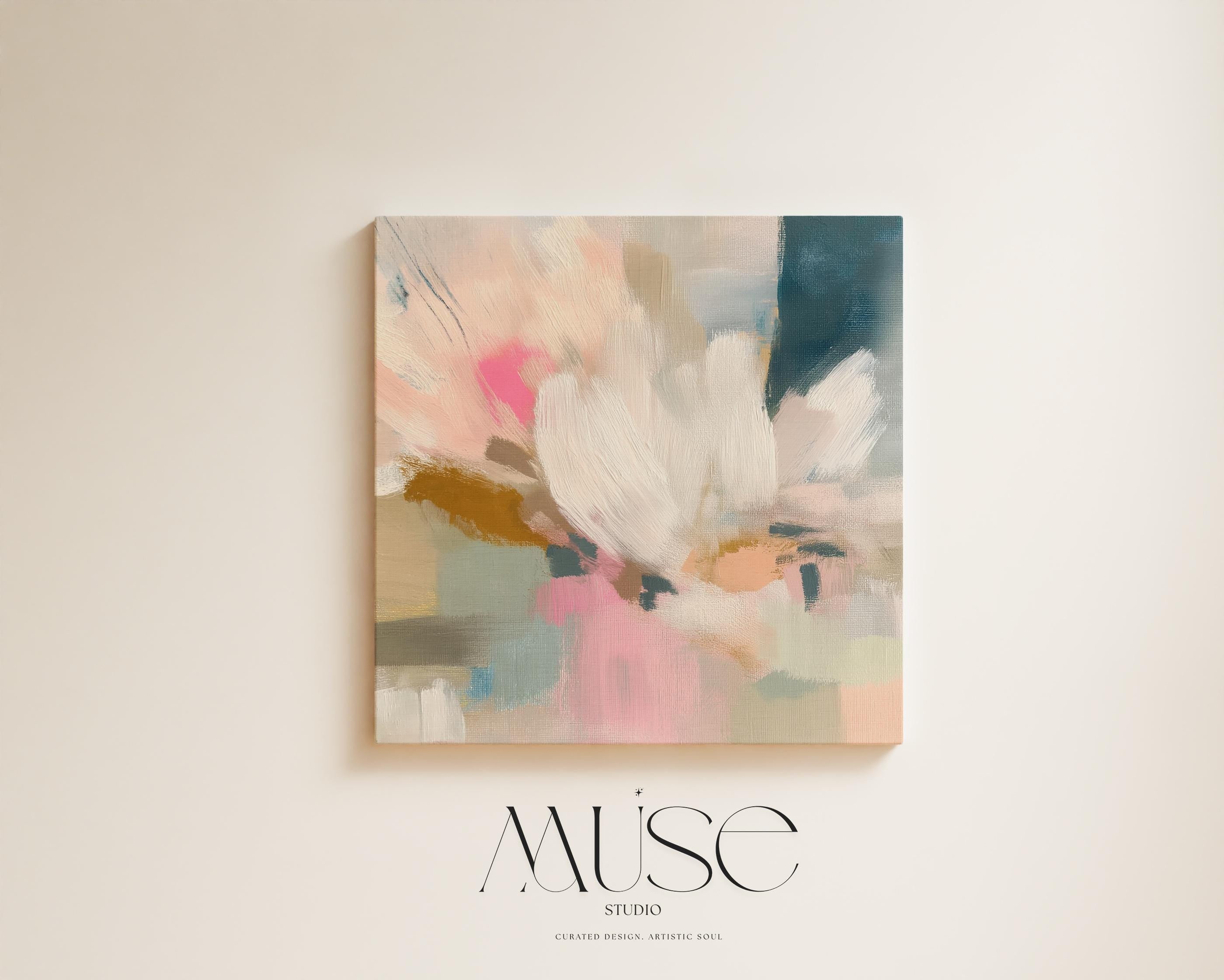 Blush and soft blue abstract artwork by Muse Studio & Co. printed with archival giclée inks on gallery-wrapped canvas, custom produced in oversized statement sizes, designed for organic transitional, coastal neutral and modern farmhouse interiors.