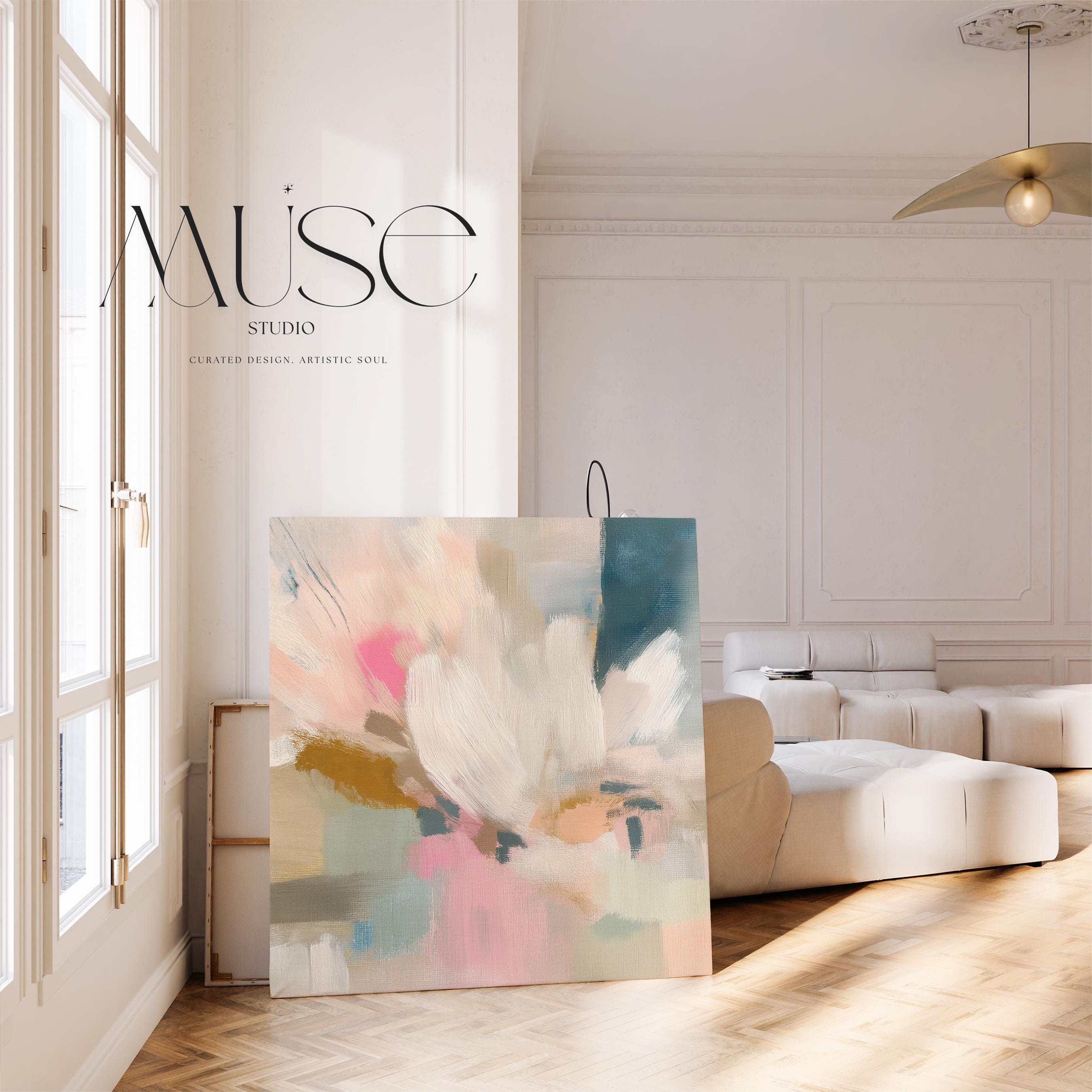 Blush and soft blue abstract artwork by Muse Studio & Co. printed with archival giclée inks on gallery-wrapped canvas, custom produced in oversized statement sizes, designed for organic transitional, coastal neutral and modern farmhouse interiors.