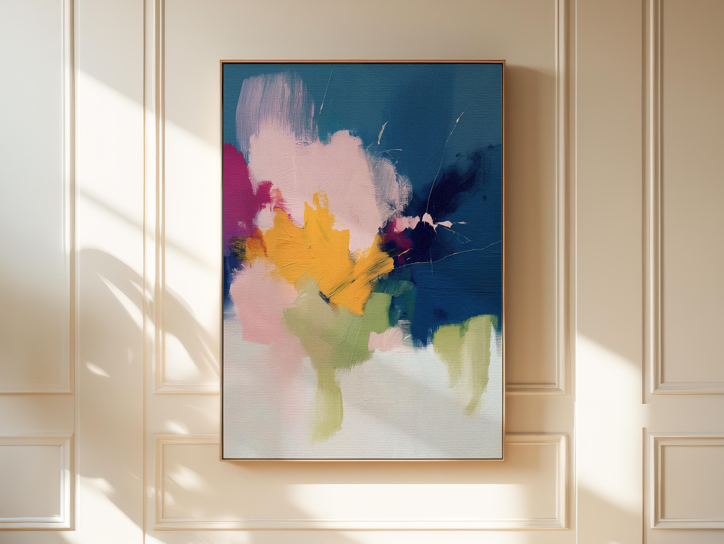 Navy and golden ochre abstract artwork by Muse Studio & Co. printed as a museum-quality giclée framed canvas with a natural wood floating frame, custom produced in large statement sizes for soft contemporary and organic transitional interiors.