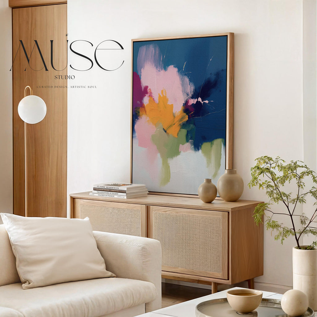 Navy and golden ochre abstract artwork by Muse Studio & Co. printed as a museum-quality giclée framed canvas with a natural wood floating frame, custom produced in large statement sizes for soft contemporary and organic transitional interiors.