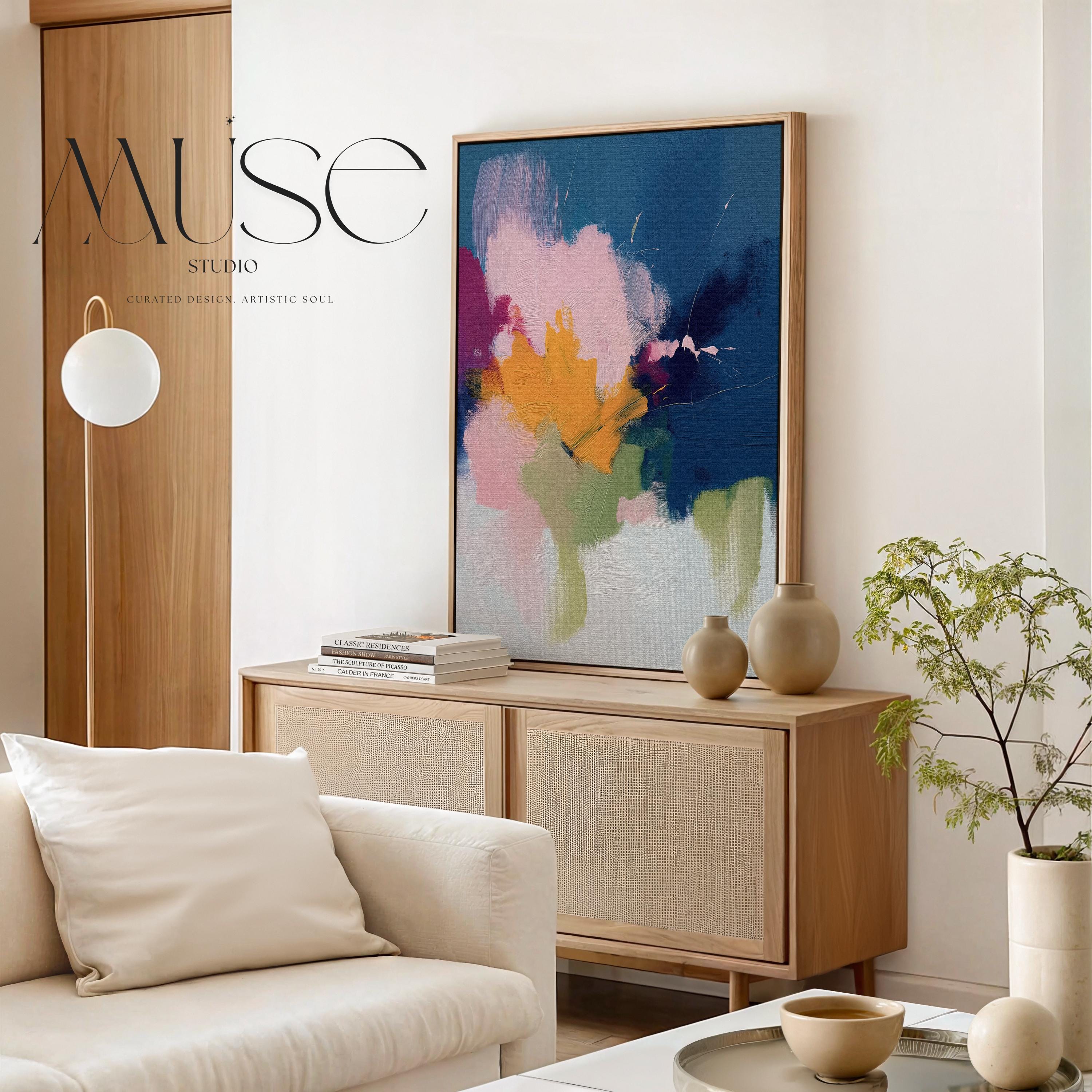 Navy and golden ochre abstract artwork by Muse Studio & Co. printed as a museum-quality giclée framed canvas with a natural wood floating frame, custom produced in large statement sizes for soft contemporary and organic transitional interiors.