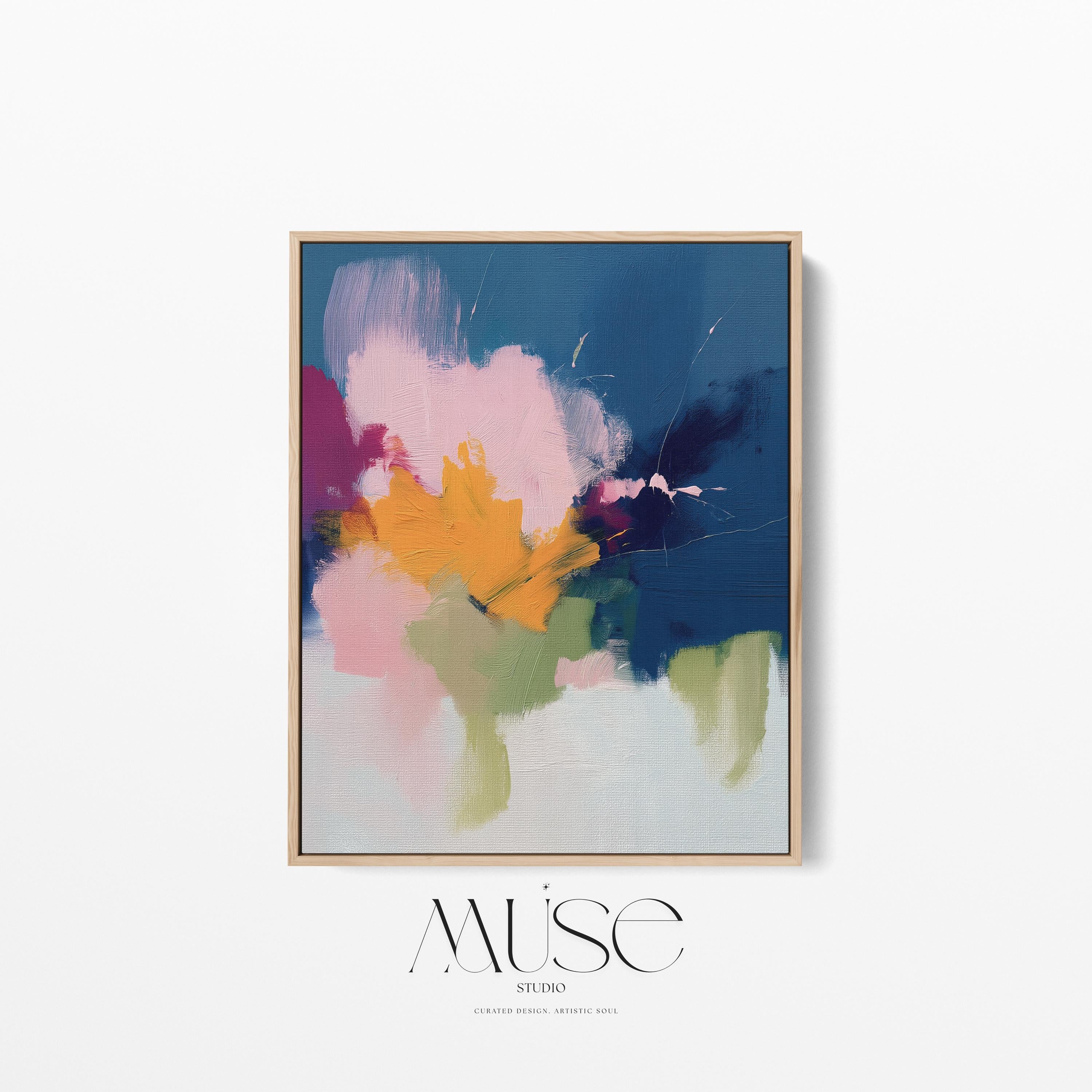 Navy and golden ochre abstract artwork by Muse Studio & Co. printed as a museum-quality giclée framed canvas with a natural wood floating frame, custom produced in large statement sizes for soft contemporary and organic transitional interiors.