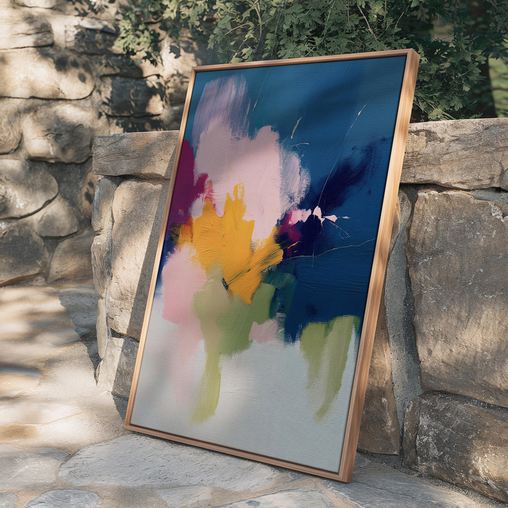 Navy and golden ochre abstract artwork by Muse Studio & Co. printed as a museum-quality giclée framed canvas with a natural wood floating frame, custom produced in large statement sizes for soft contemporary and organic transitional interiors.