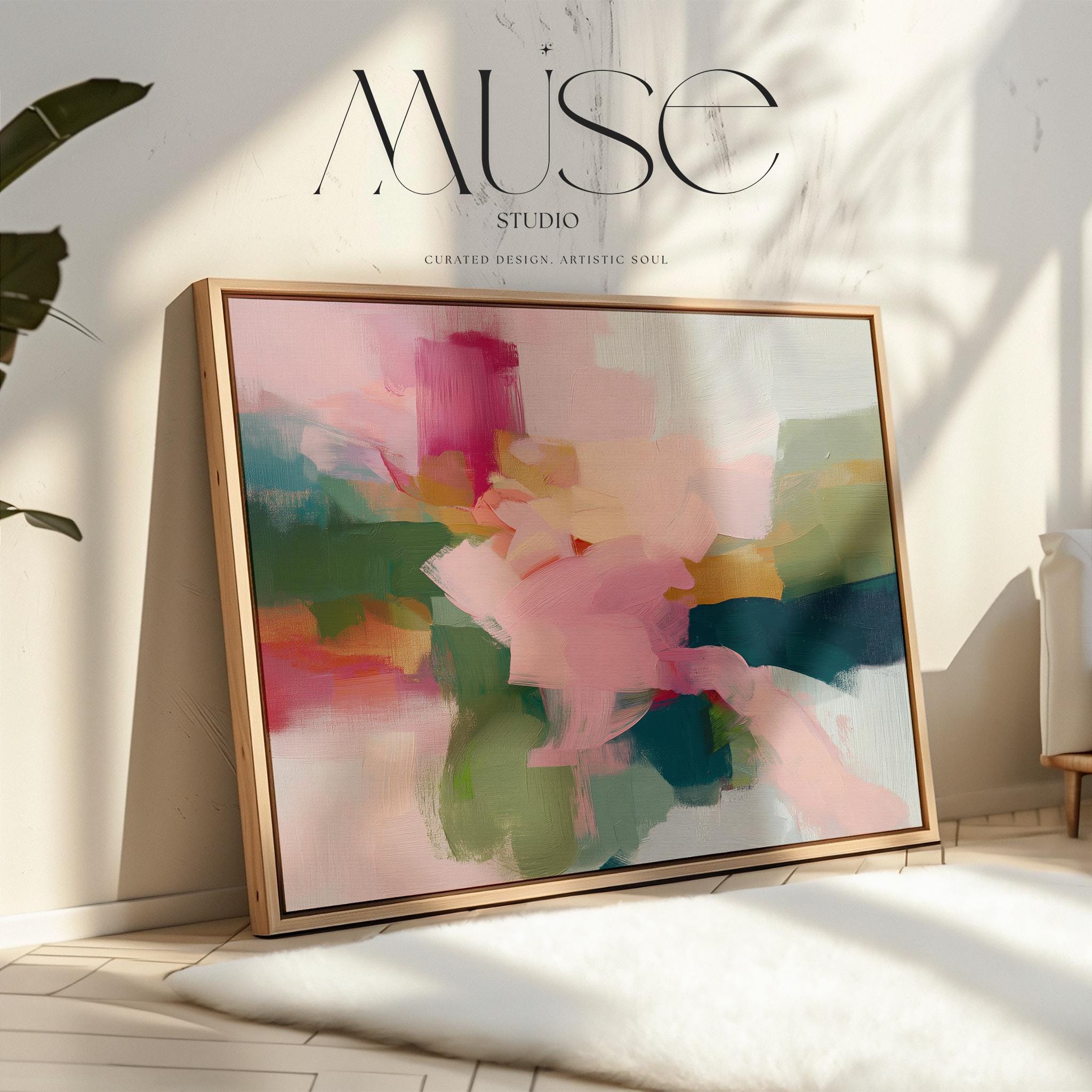 Blush and evergreen abstract artwork by Muse Studio & Co. printed as a museum-quality giclée framed canvas with a natural wood floating frame, custom produced in large statement sizes for organic transitional and modern cottage interiors.