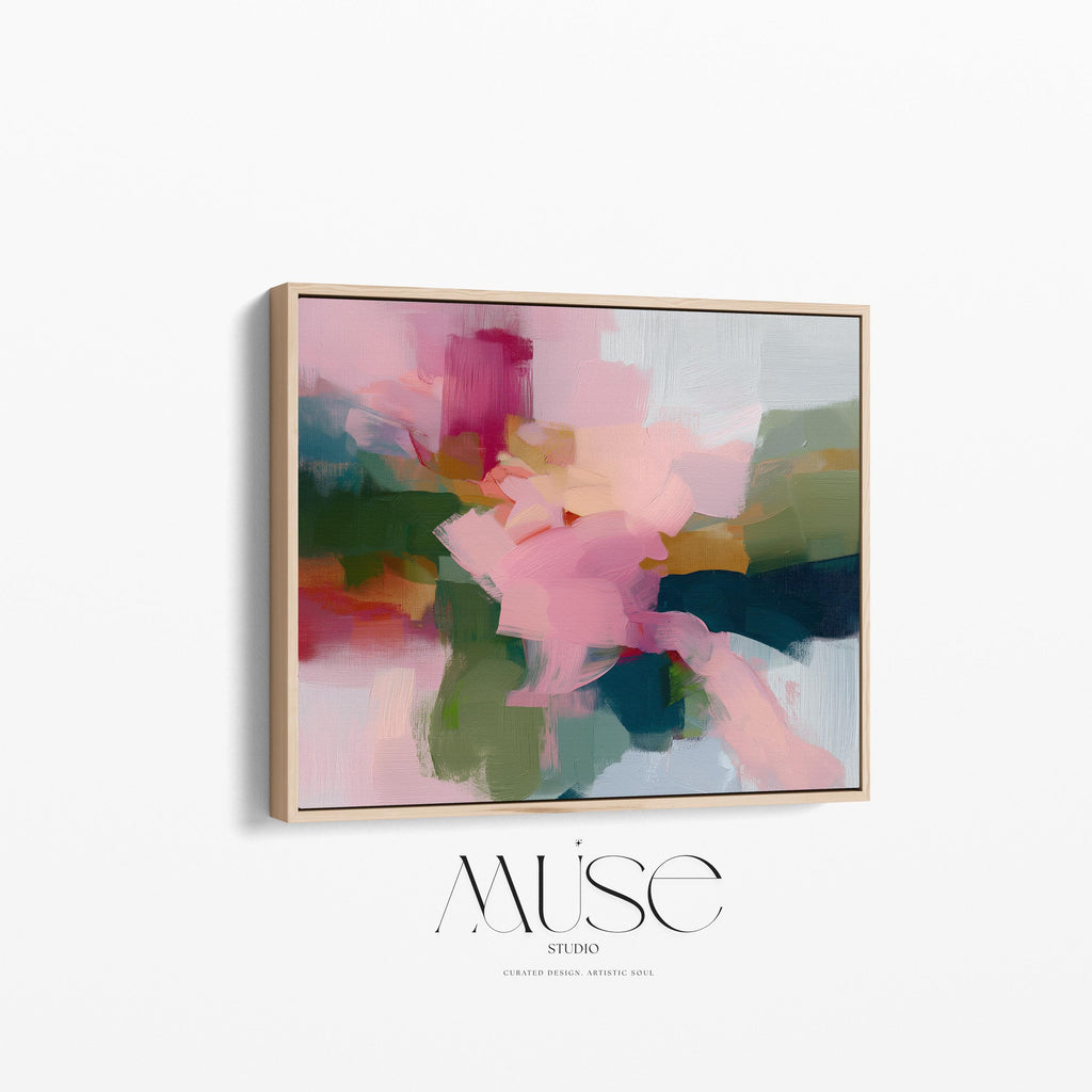 Blush and evergreen abstract artwork by Muse Studio & Co. printed as a museum-quality giclée framed canvas with a natural wood floating frame, custom produced in large statement sizes for organic transitional and modern cottage interiors.
