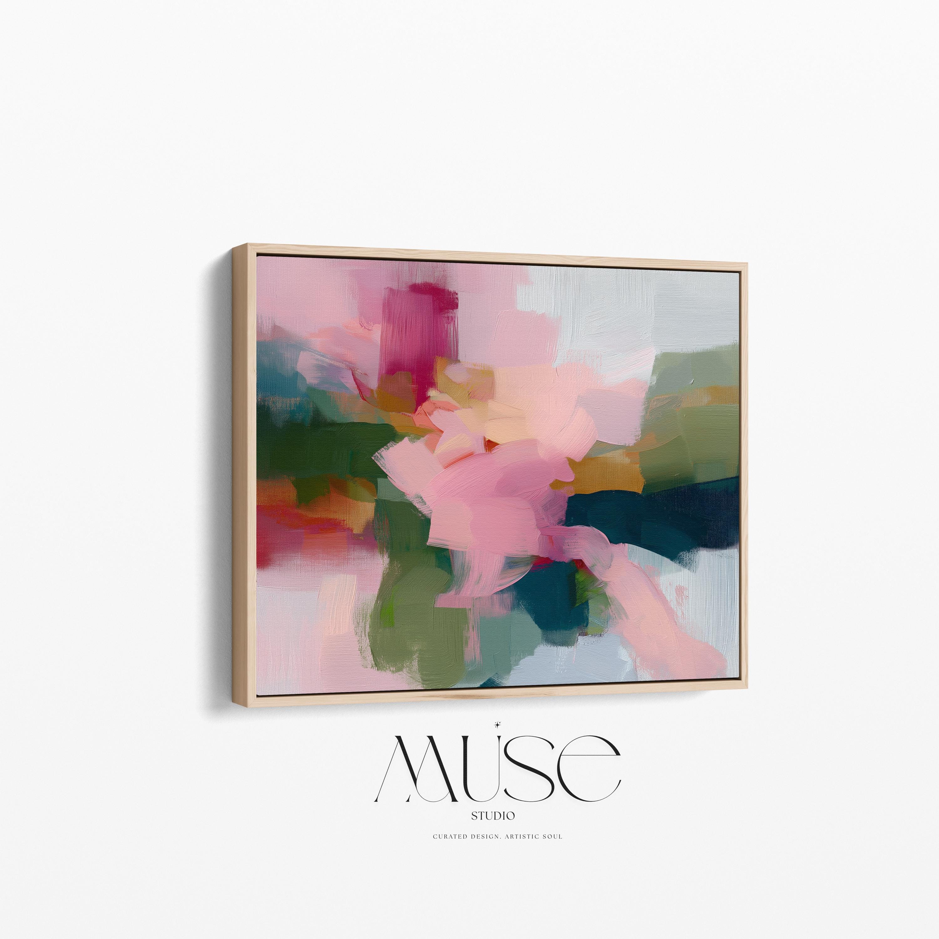 Blush and evergreen abstract artwork by Muse Studio & Co. printed as a museum-quality giclée framed canvas with a natural wood floating frame, custom produced in large statement sizes for organic transitional and modern cottage interiors.