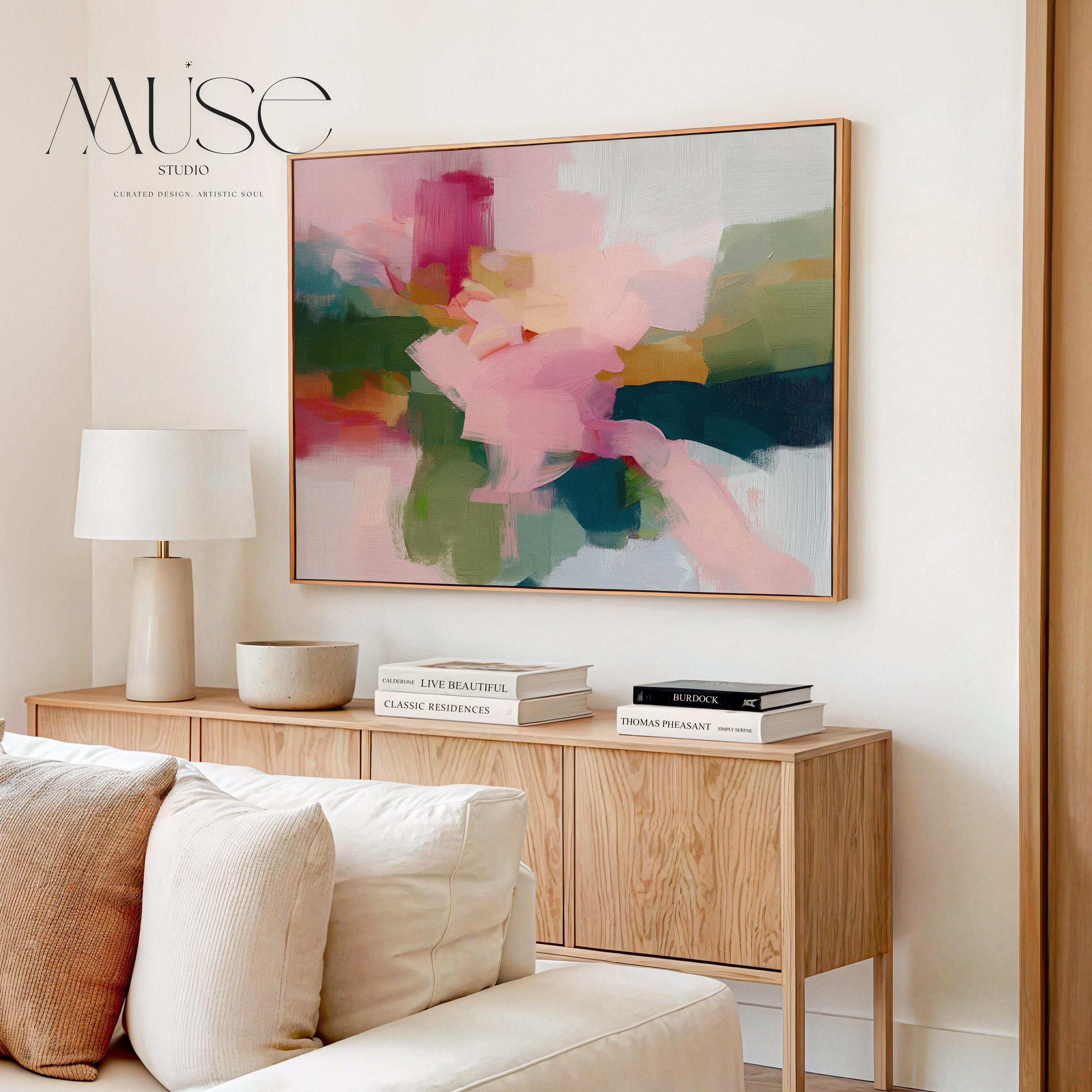 Blush and evergreen abstract artwork by Muse Studio & Co. printed as a museum-quality giclée framed canvas with a natural wood floating frame, custom produced in large statement sizes for organic transitional and modern cottage interiors.