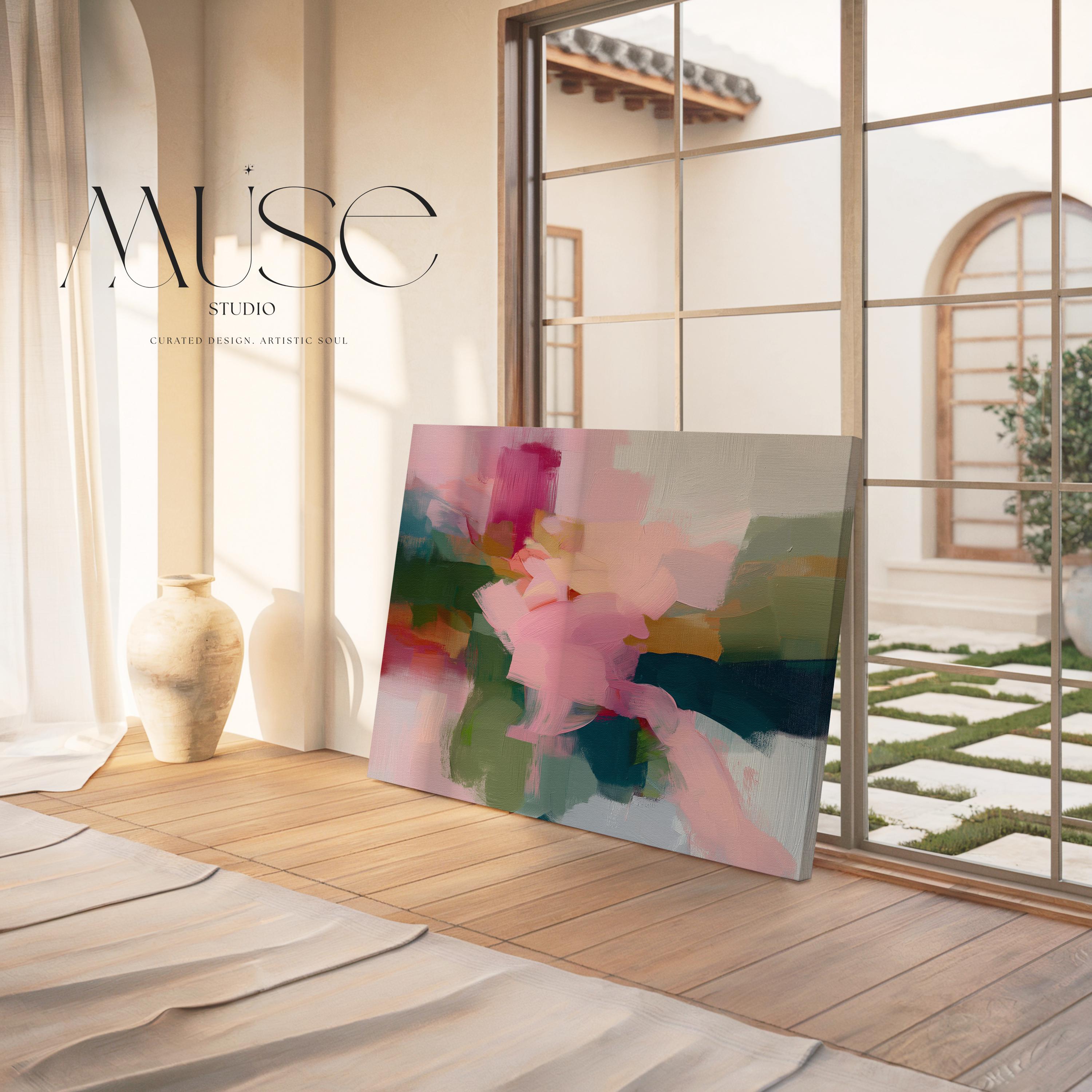 Blush and evergreen abstract artwork by Muse Studio & Co. printed with archival giclée inks on gallery-wrapped canvas, custom produced in large wall art sizes suited for organic transitional and modern cottage interiors.