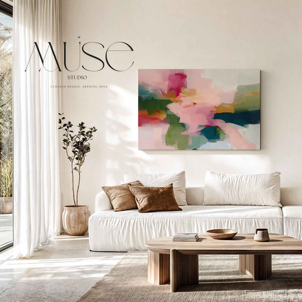 Blush and evergreen abstract artwork by Muse Studio & Co. printed with archival giclée inks on gallery-wrapped canvas, custom produced in large wall art sizes suited for organic transitional and modern cottage interiors.