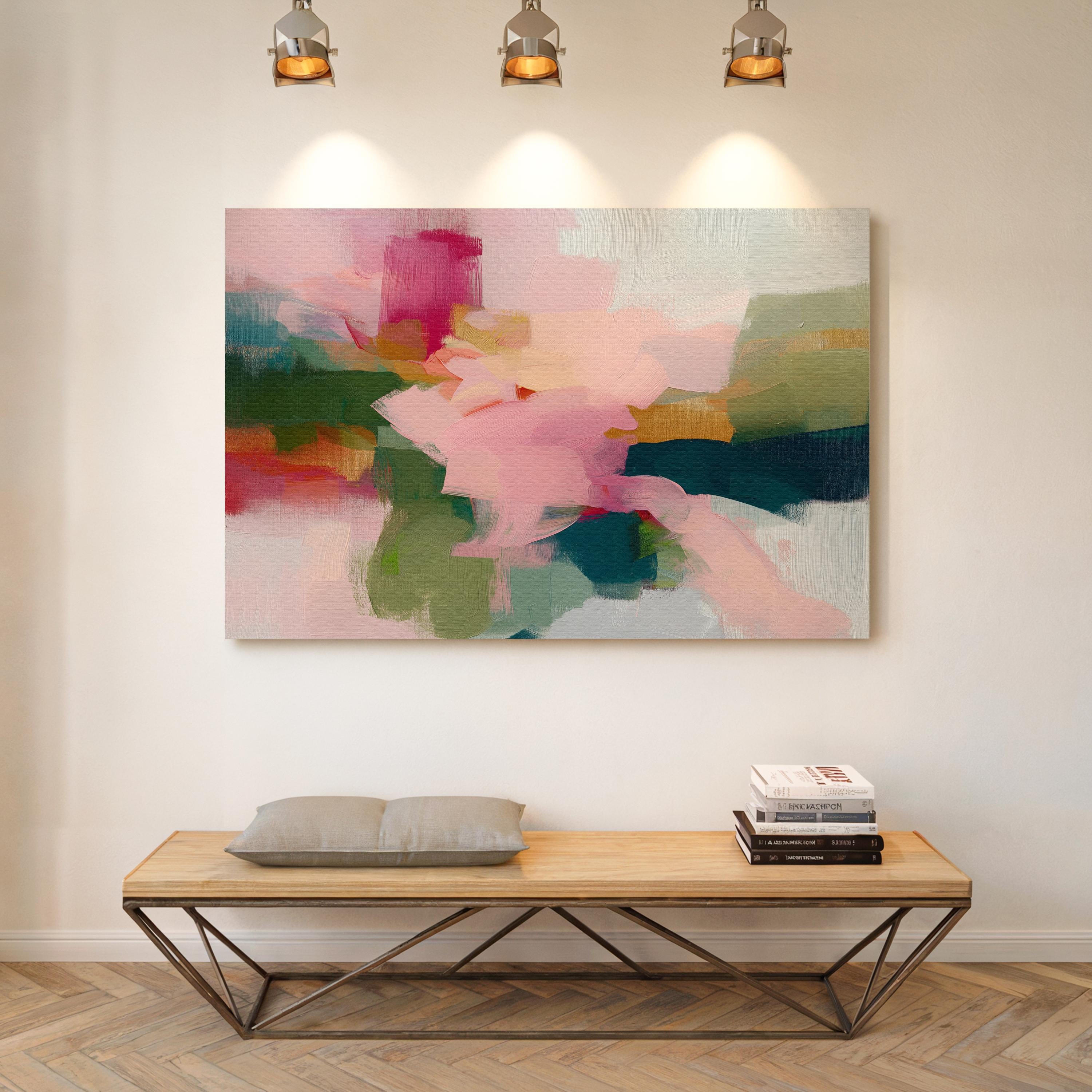 Blush and evergreen abstract artwork by Muse Studio & Co. printed with archival giclée inks on gallery-wrapped canvas, custom produced in large wall art sizes suited for organic transitional and modern cottage interiors.