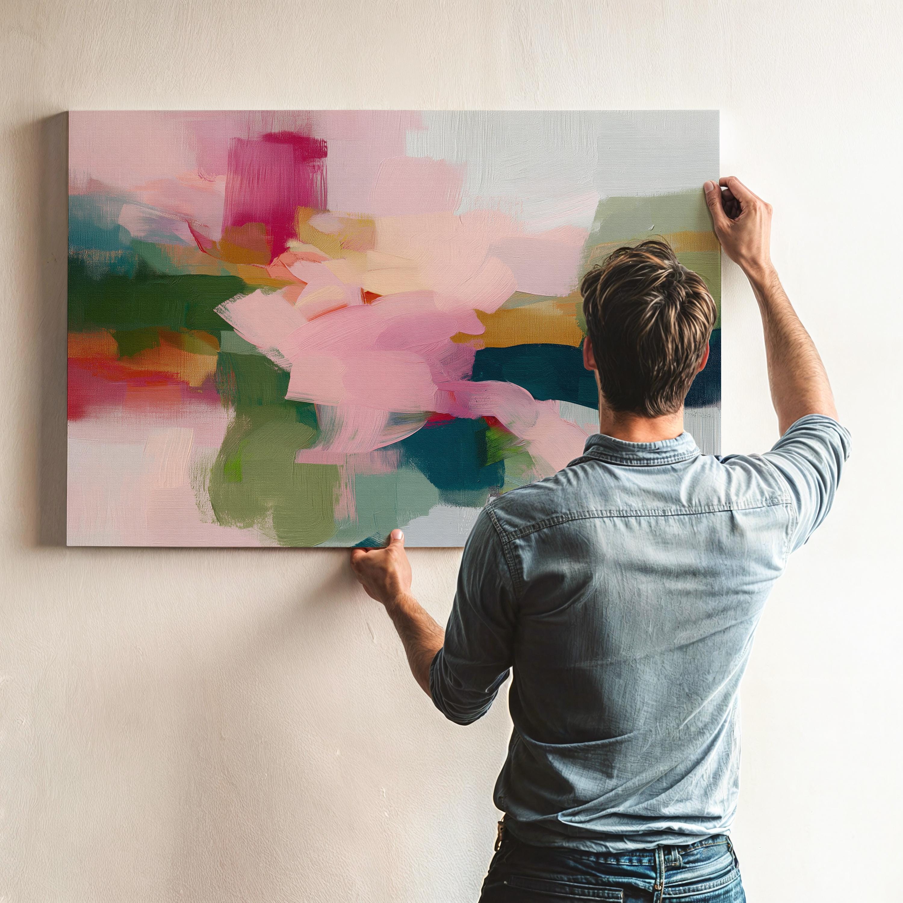 Blush and evergreen abstract artwork by Muse Studio & Co. printed with archival giclée inks on gallery-wrapped canvas, custom produced in large wall art sizes suited for organic transitional and modern cottage interiors.