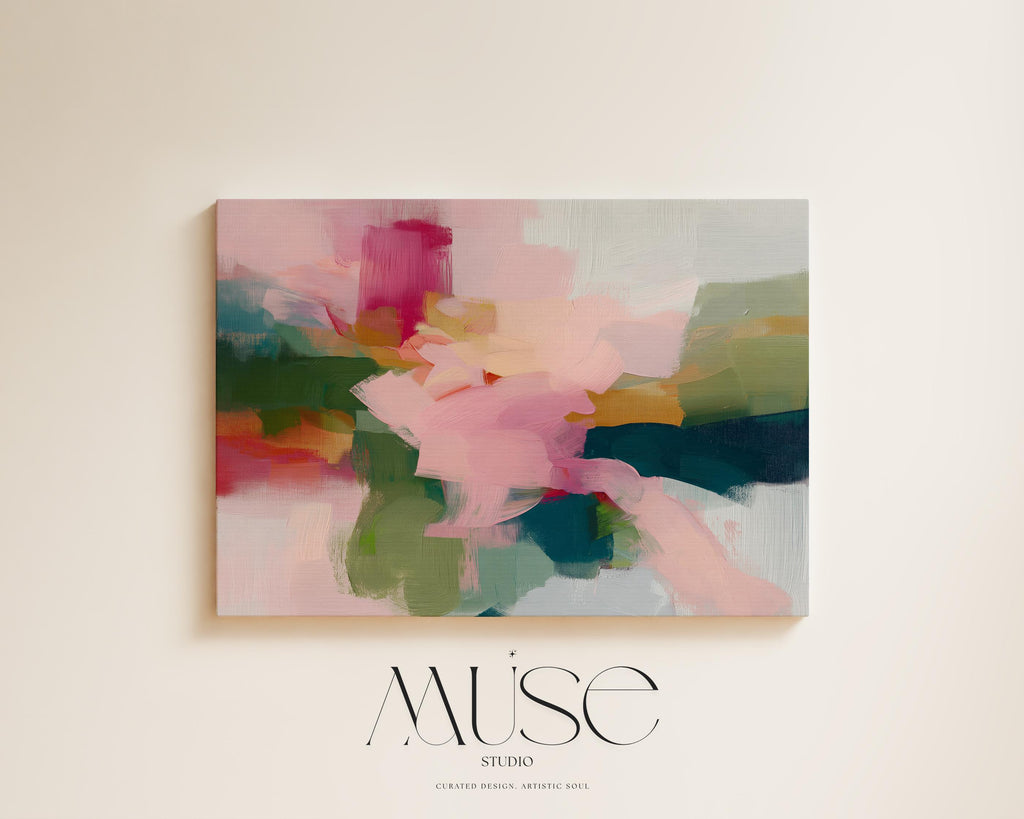 Blush and evergreen abstract artwork by Muse Studio & Co. printed with archival giclée inks on gallery-wrapped canvas, custom produced in large wall art sizes suited for organic transitional and modern cottage interiors.