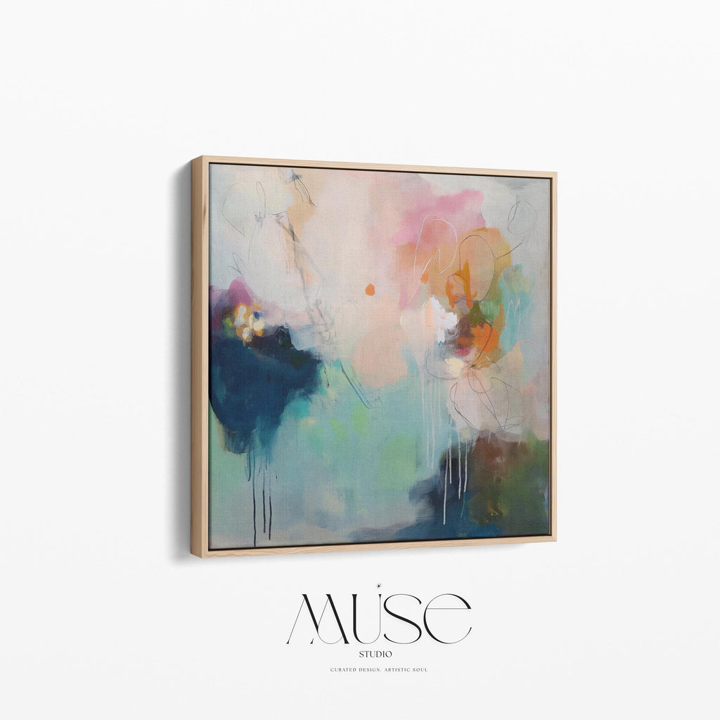 Sea glass blue and blush abstract artwork by Muse Studio & Co. printed as a museum-quality giclée framed canvas with a natural wood floating frame, custom produced in large statement sizes for soft contemporary and coastal neutral interiors.