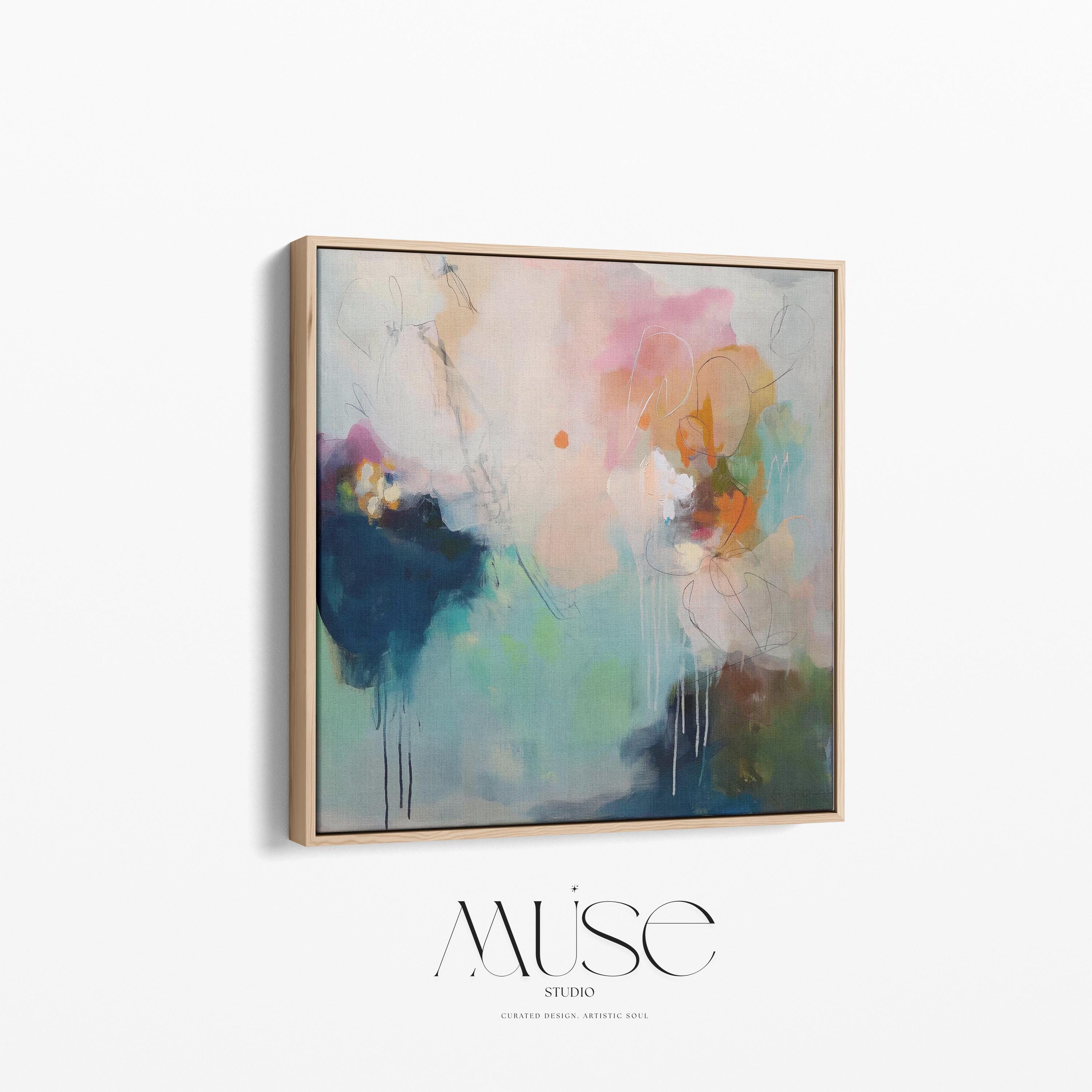 Sea glass blue and blush abstract artwork by Muse Studio & Co. printed as a museum-quality giclée framed canvas with a natural wood floating frame, custom produced in large statement sizes for soft contemporary and coastal neutral interiors.
