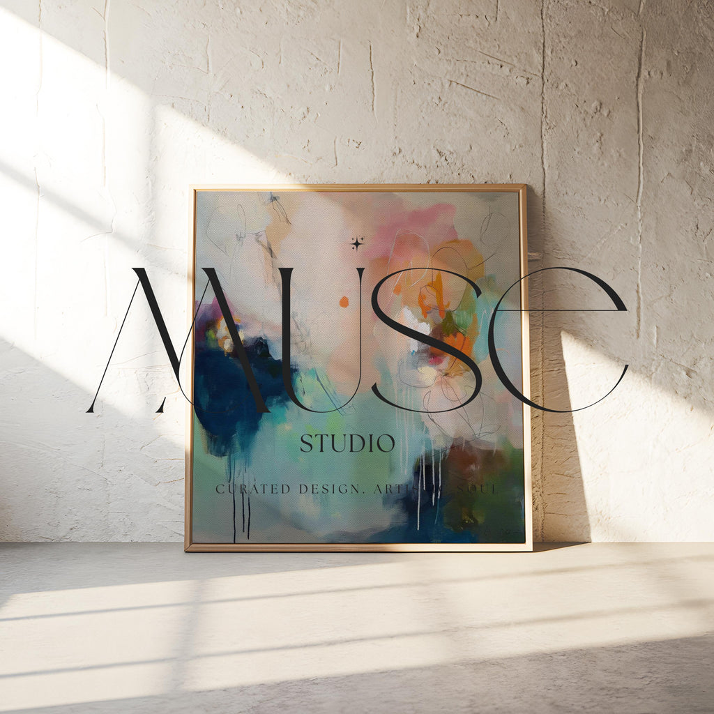 Sea glass blue and blush abstract artwork by Muse Studio & Co. printed as a museum-quality giclée framed canvas with a natural wood floating frame, custom produced in large statement sizes for soft contemporary and coastal neutral interiors.