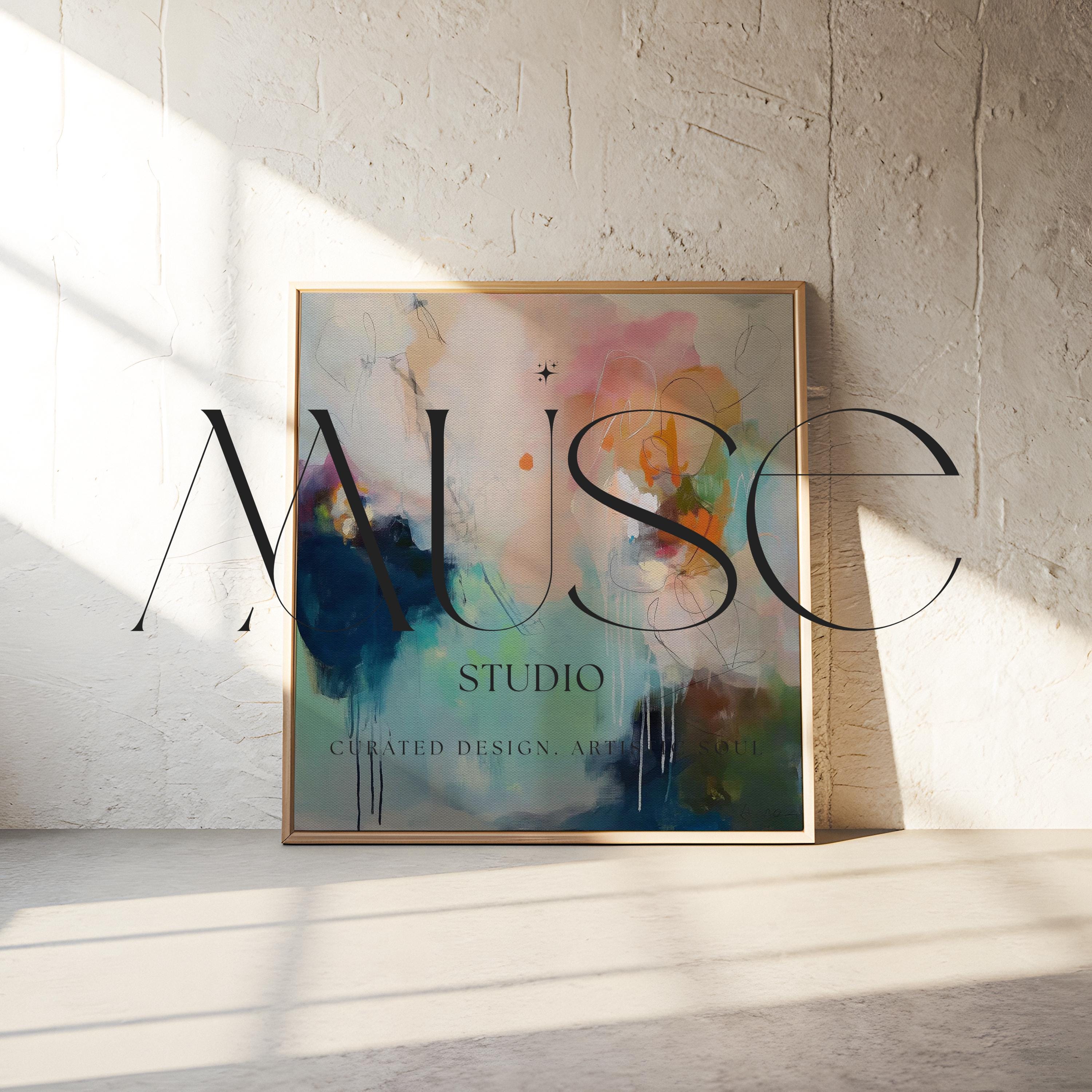 Sea glass blue and blush abstract artwork by Muse Studio & Co. printed as a museum-quality giclée framed canvas with a natural wood floating frame, custom produced in large statement sizes for soft contemporary and coastal neutral interiors.