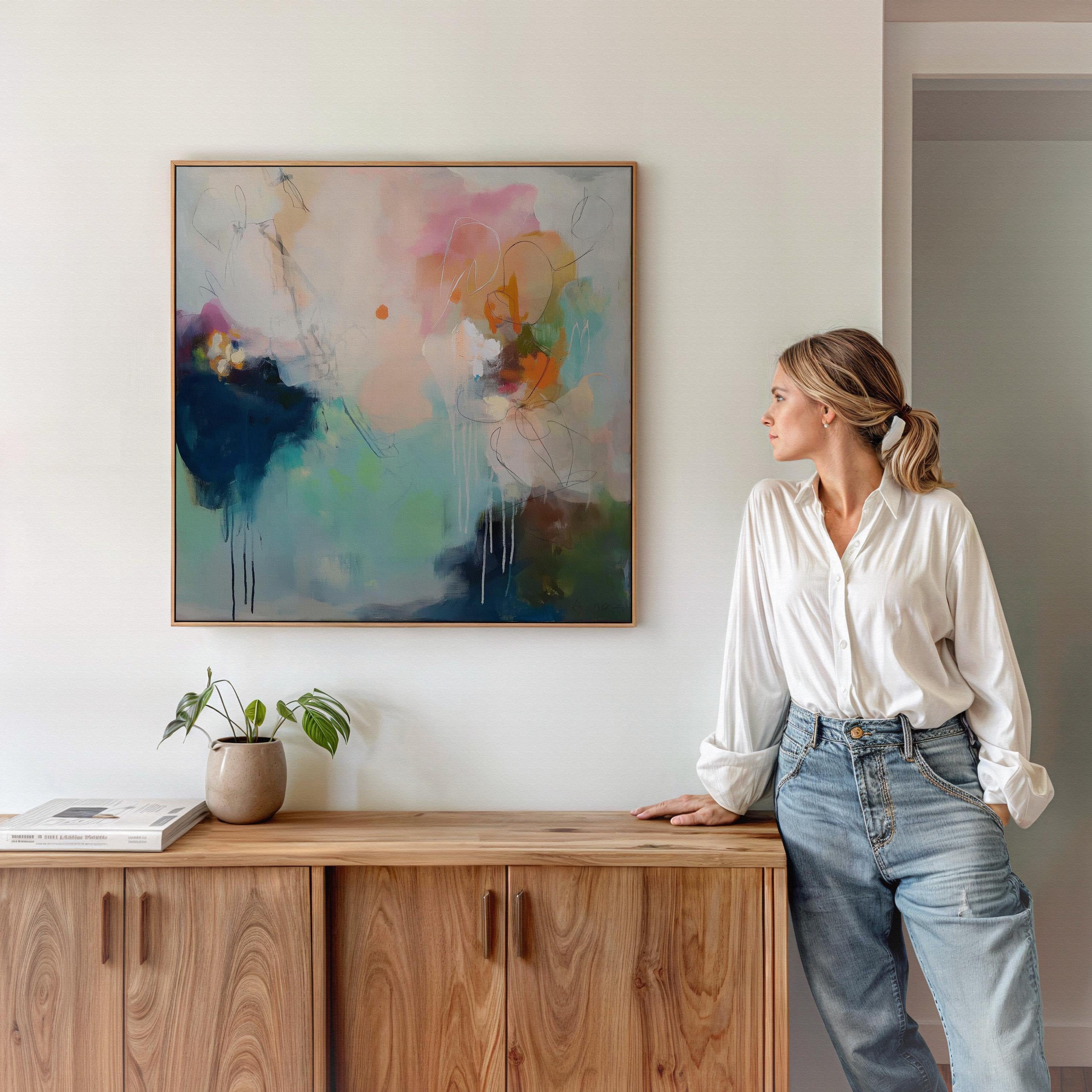 Sea glass blue and blush abstract artwork by Muse Studio & Co. printed as a museum-quality giclée framed canvas with a natural wood floating frame, custom produced in large statement sizes for soft contemporary and coastal neutral interiors.