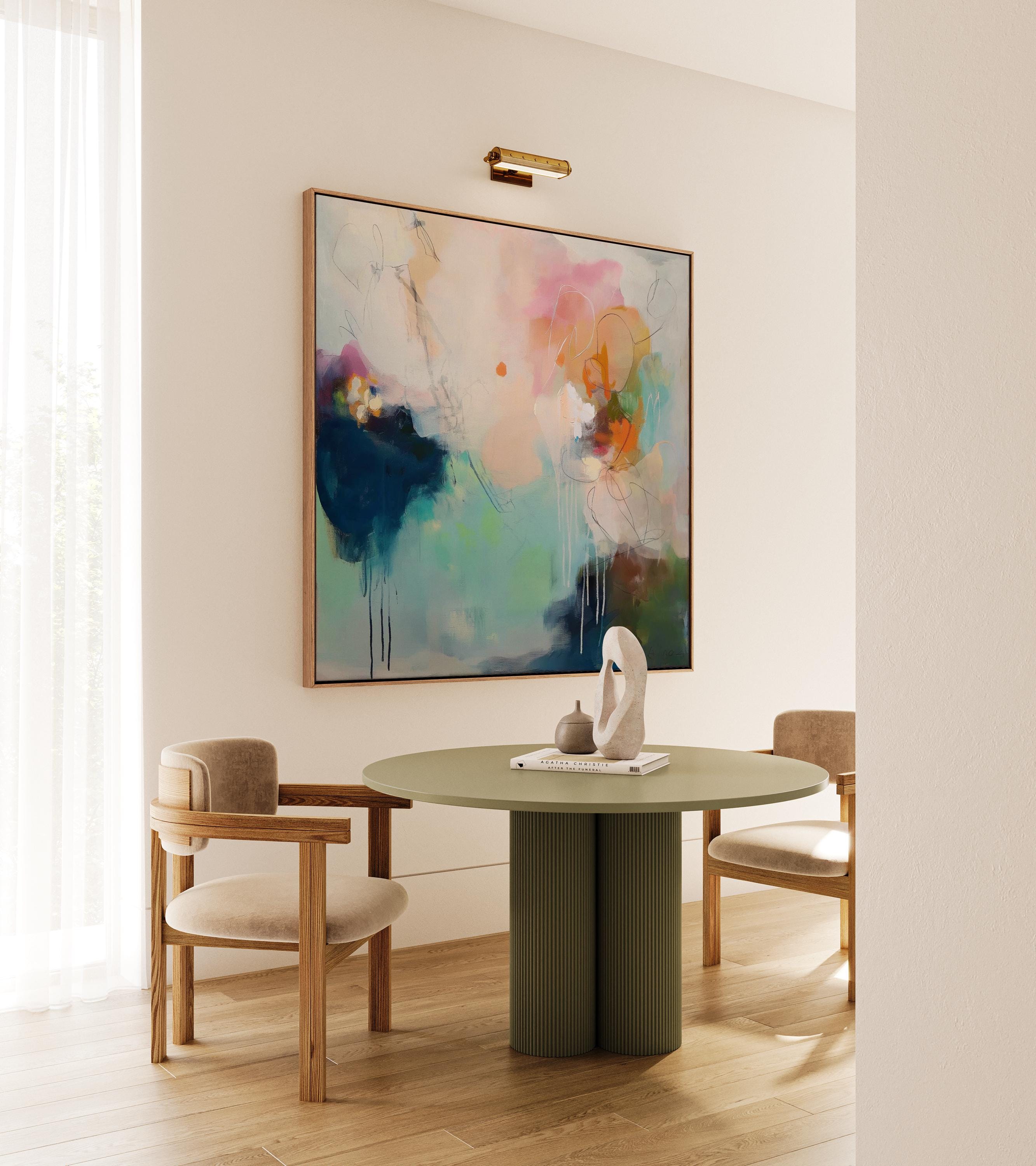 Sea glass blue and blush abstract artwork by Muse Studio & Co. printed as a museum-quality giclée framed canvas with a natural wood floating frame, custom produced in large statement sizes for soft contemporary and coastal neutral interiors.