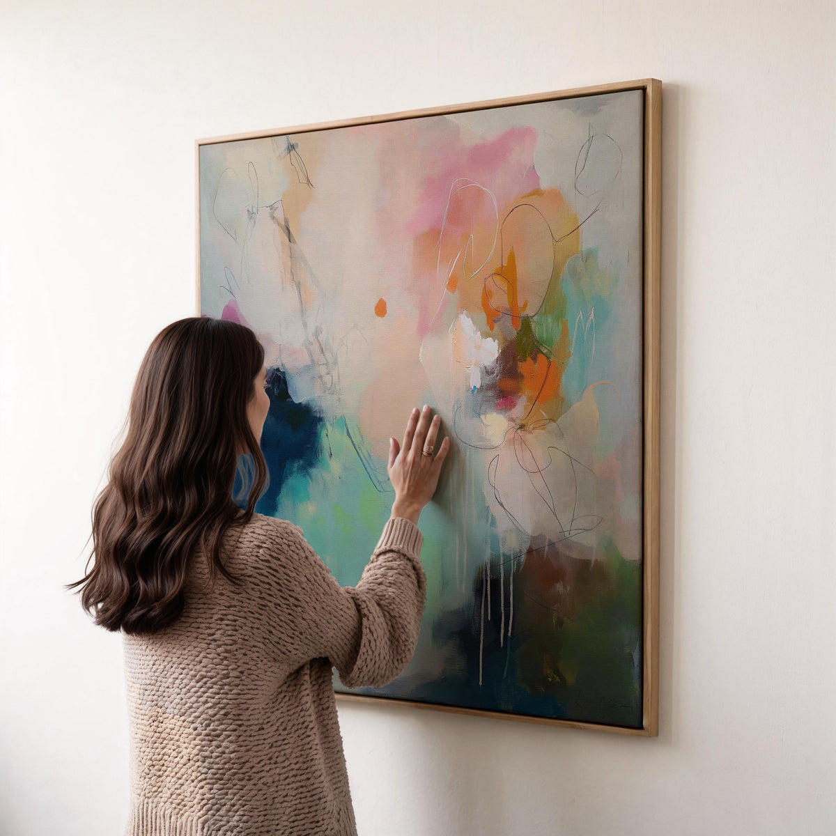 Sea glass blue and blush abstract artwork by Muse Studio & Co. printed as a museum-quality giclée framed canvas with a natural wood floating frame, custom produced in large statement sizes for soft contemporary and coastal neutral interiors.
