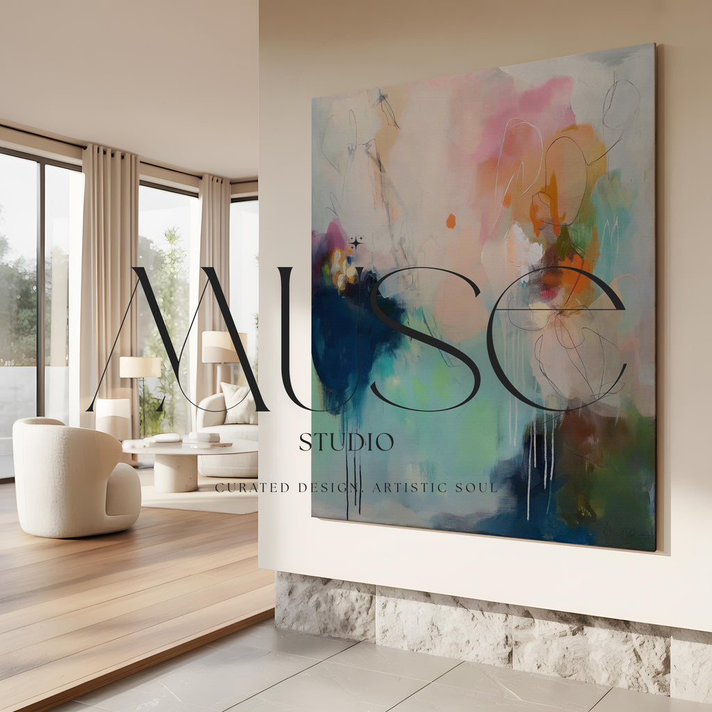 Large Abstract Canvas Wall Art · Teal Blue Blush Modern Painting for Living Room Bedroom or Office · Soft Contemporary Wall Decor on Premium Artist Canvas Printed with Museum-Grade Giclée Inks · Oversized Ready to Hang Statement Art · Muse Studio Coastal Interlude 1032