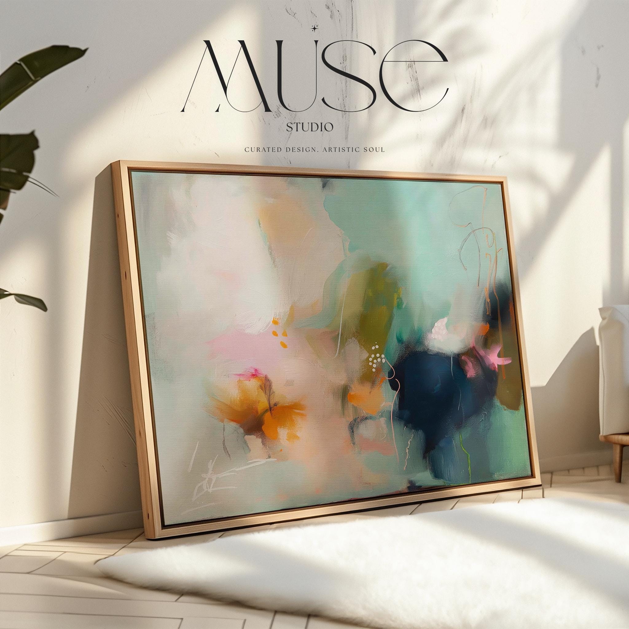 Sea glass green and apricot abstract artwork by Muse Studio & Co. printed with archival giclée inks on gallery-wrapped canvas, custom produced in large wall art sizes suited for soft contemporary and coastal neutral interiors.