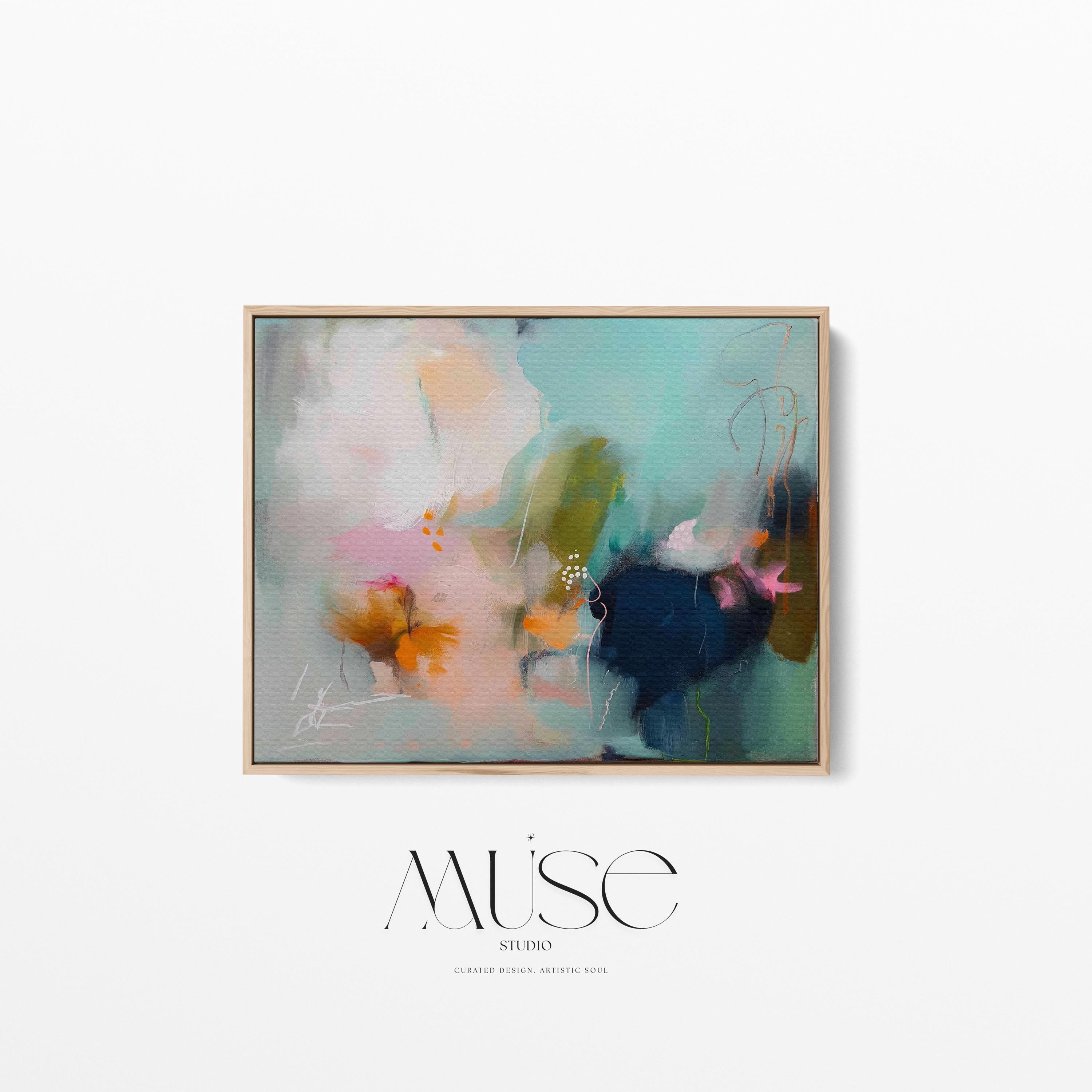 Sea glass green and apricot abstract artwork by Muse Studio & Co. printed with archival giclée inks on gallery-wrapped canvas, custom produced in large wall art sizes suited for soft contemporary and coastal neutral interiors.