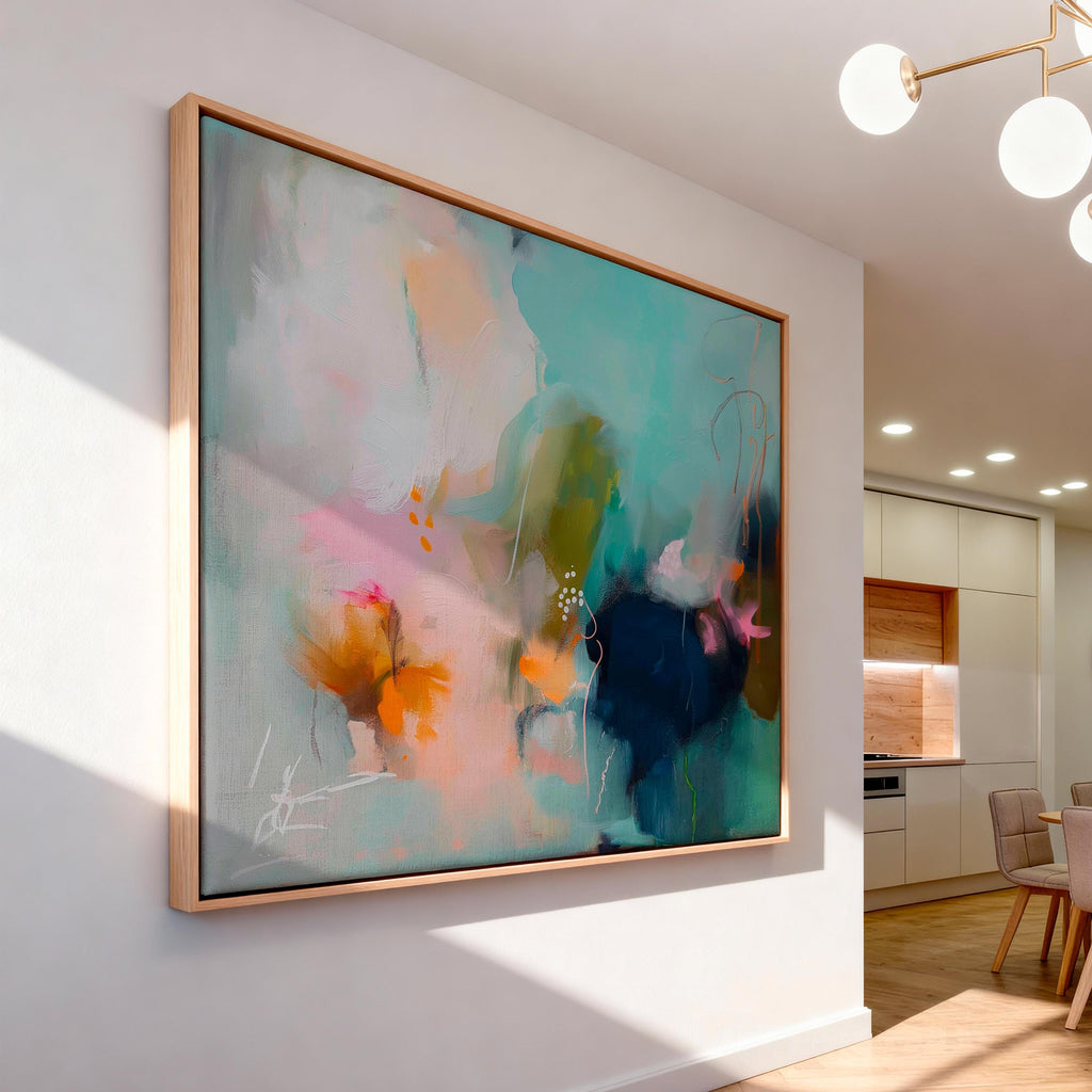 Sea glass green and apricot abstract artwork by Muse Studio & Co. printed with archival giclée inks on gallery-wrapped canvas, custom produced in large wall art sizes suited for soft contemporary and coastal neutral interiors.