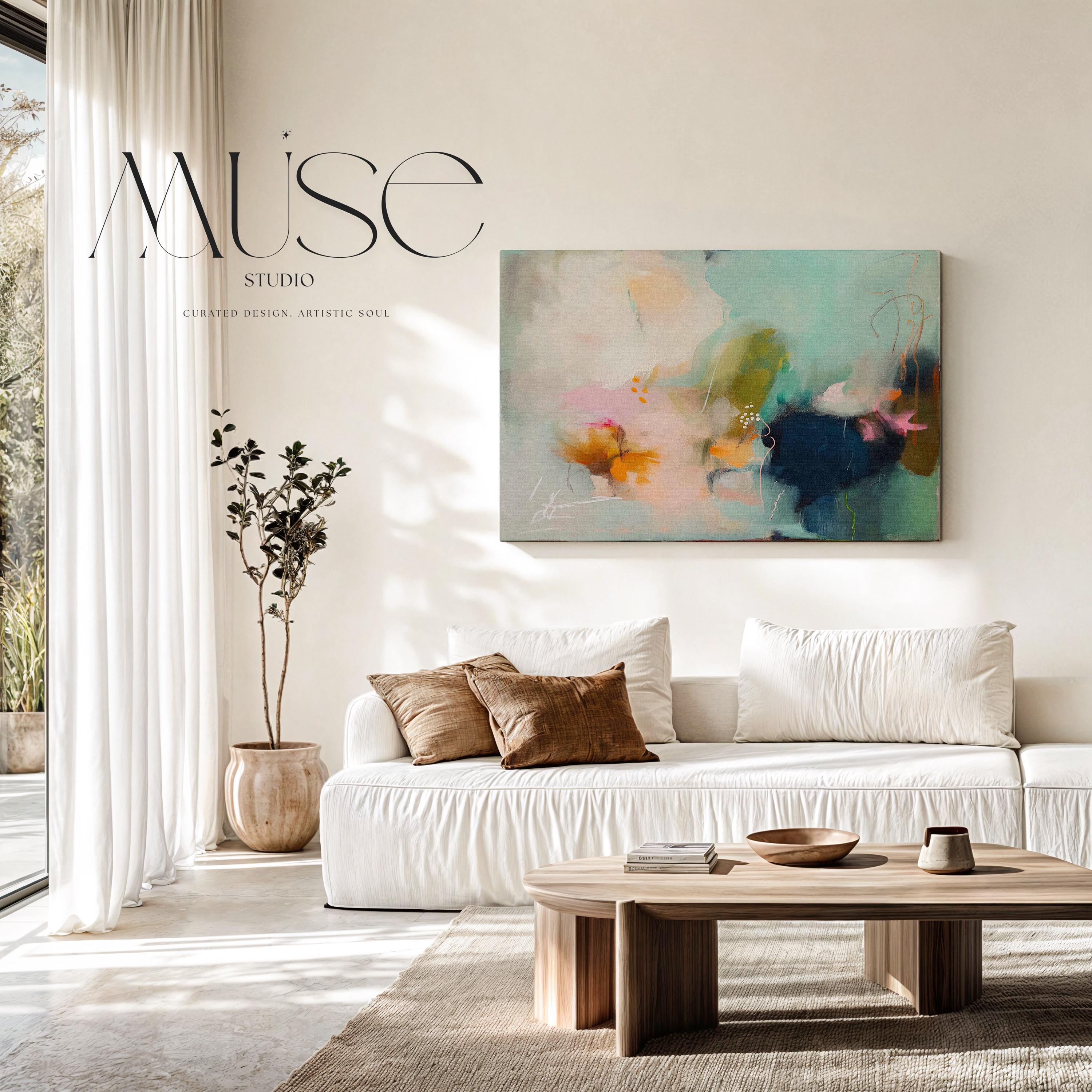 Sea glass green and apricot abstract artwork by Muse Studio & Co. printed with archival giclée inks on gallery-wrapped canvas, custom produced in large wall art sizes suited for soft contemporary, coastal neutral, and organic transitional interiors.