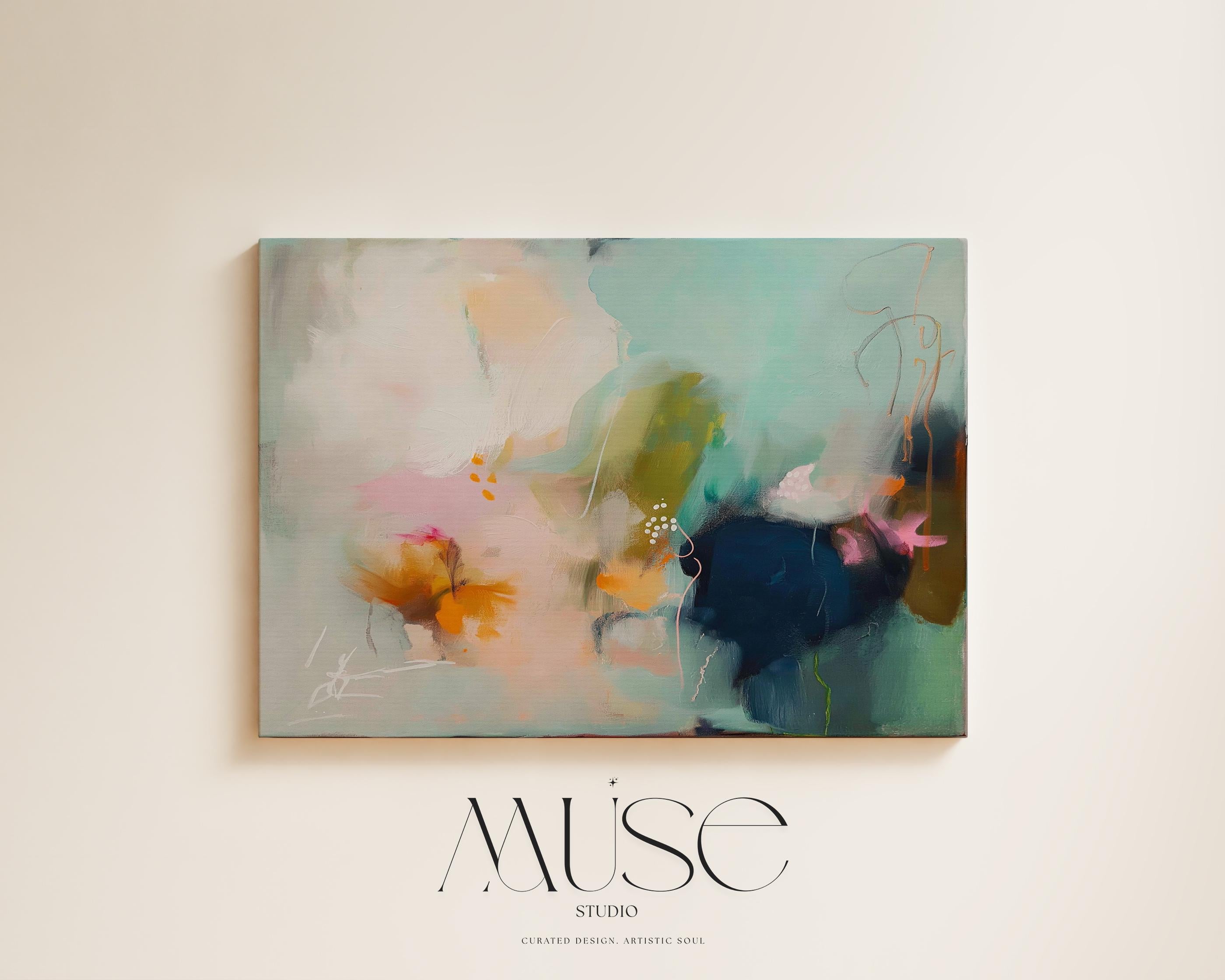 Abstract coastal painting titled Glass Garden, featuring fluid layers of deep navy blue, vibrant teal, and soft blush pink paint on a horizontal canvas Sea glass green and apricot abstract artwork by Muse Studio & Co. printed with archival giclée inks on gallery-wrapped canvas, custom produced in large wall art sizes suited for soft contemporary, coastal neutral, and organic transitional interiors.