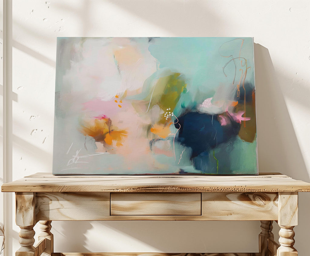 Sea glass green and apricot abstract artwork by Muse Studio & Co. printed with archival giclée inks on gallery-wrapped canvas, custom produced in large wall art sizes suited for soft contemporary, coastal neutral, and organic transitional interiors.