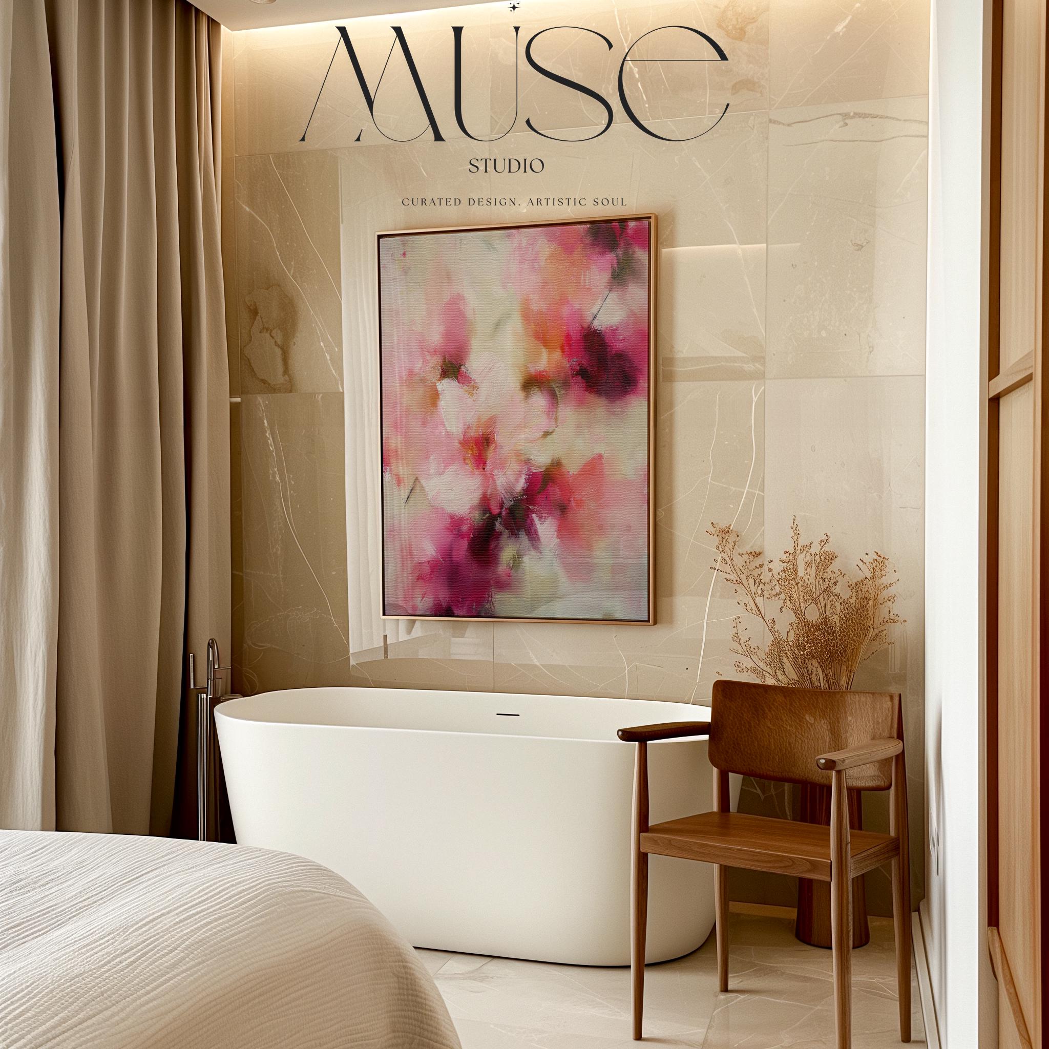 Large vertical framed canvas wall art by Muse Studio, printed with museum-grade giclée inks on finely textured artist canvas, featuring blush pink, coral, cream, and deep berry botanical abstraction for refined organic transitional interiors.