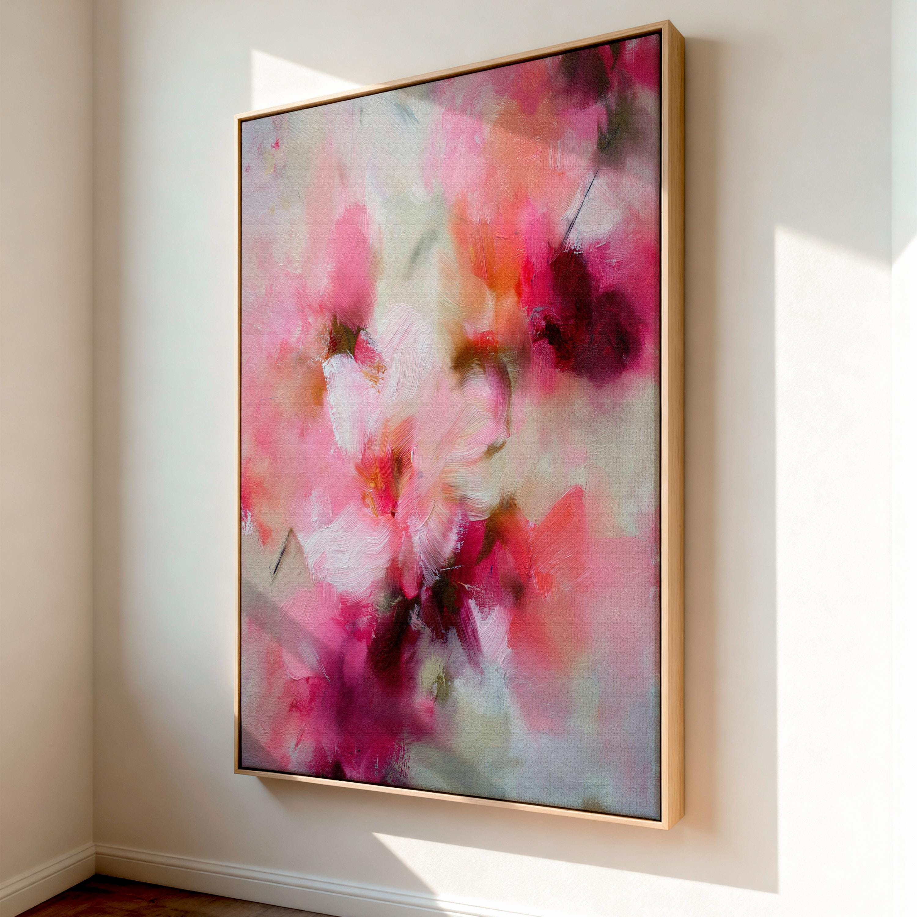 Large vertical framed canvas wall art by Muse Studio, printed with museum-grade giclée inks on finely textured artist canvas, featuring blush pink, coral, cream, and deep berry botanical abstraction for refined organic transitional interiors.
