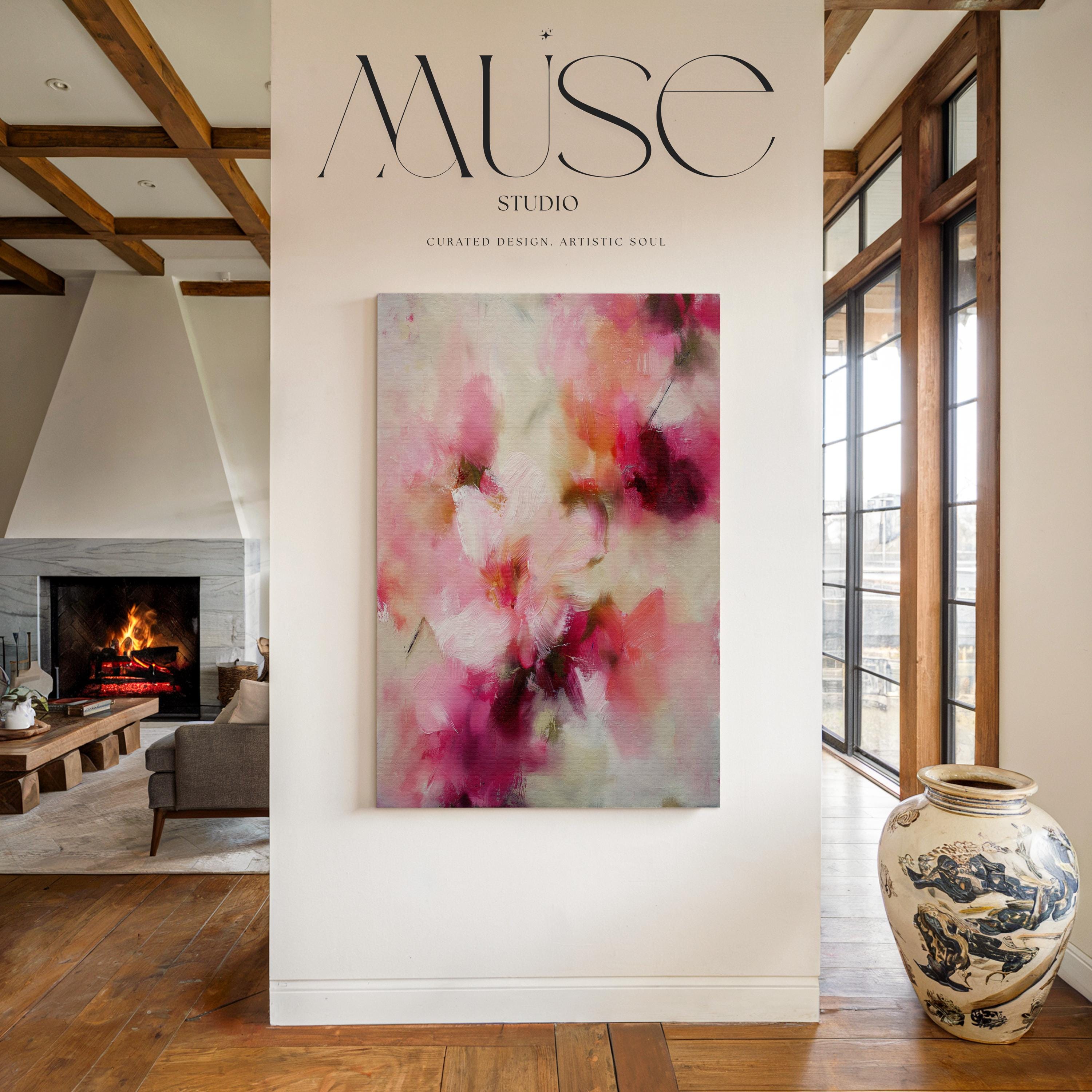 Large Botanical Abstract Canvas Wall Art · Blush Pink and Beige Pastel Cottage Floral Painting for Bedroom Living Room or Nursery · Soft Neutral Wall Decor on Premium Artist Canvas Printed with Museum-Grade Giclée Inks · Ready to Hang Oversized Statement Art · Muse Studio Blush Reverie 1036