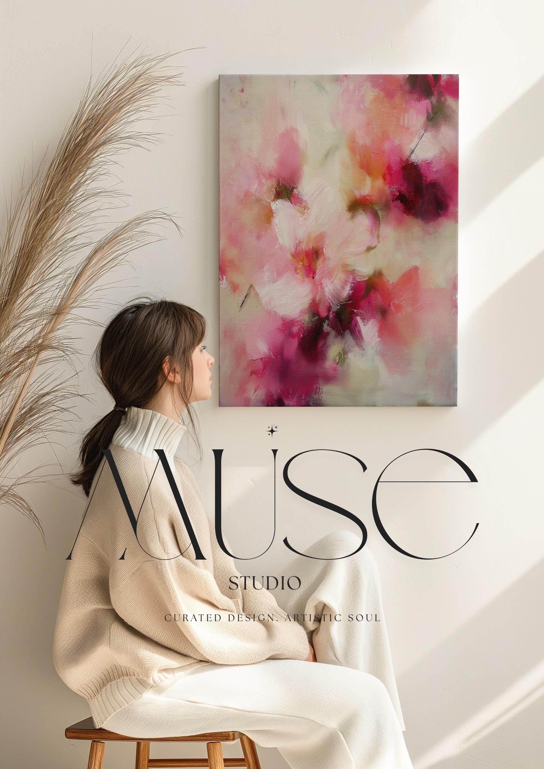 Vertical abstract canvas wall art by Muse Studio, produced with museum-quality giclée inks on premium gallery-wrapped artist canvas, blending blush pink, coral, cream, and berry tones in a soft botanical composition for romantic layered interiors.