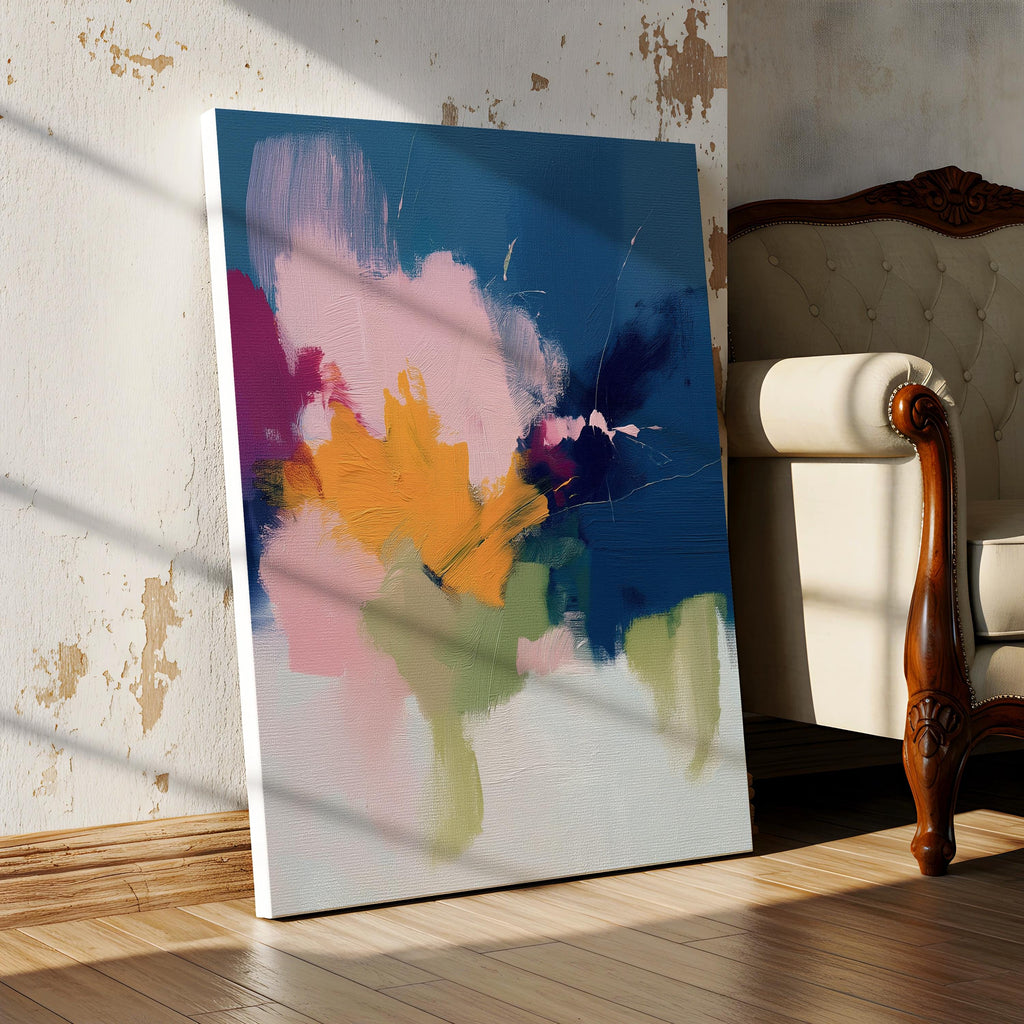 Vertical abstract canvas wall art by Muse Studio printed with museum-grade giclée inks on premium gallery-wrapped artist canvas, featuring navy blue and golden ochre in a bold contemporary composition for refined living spaces.