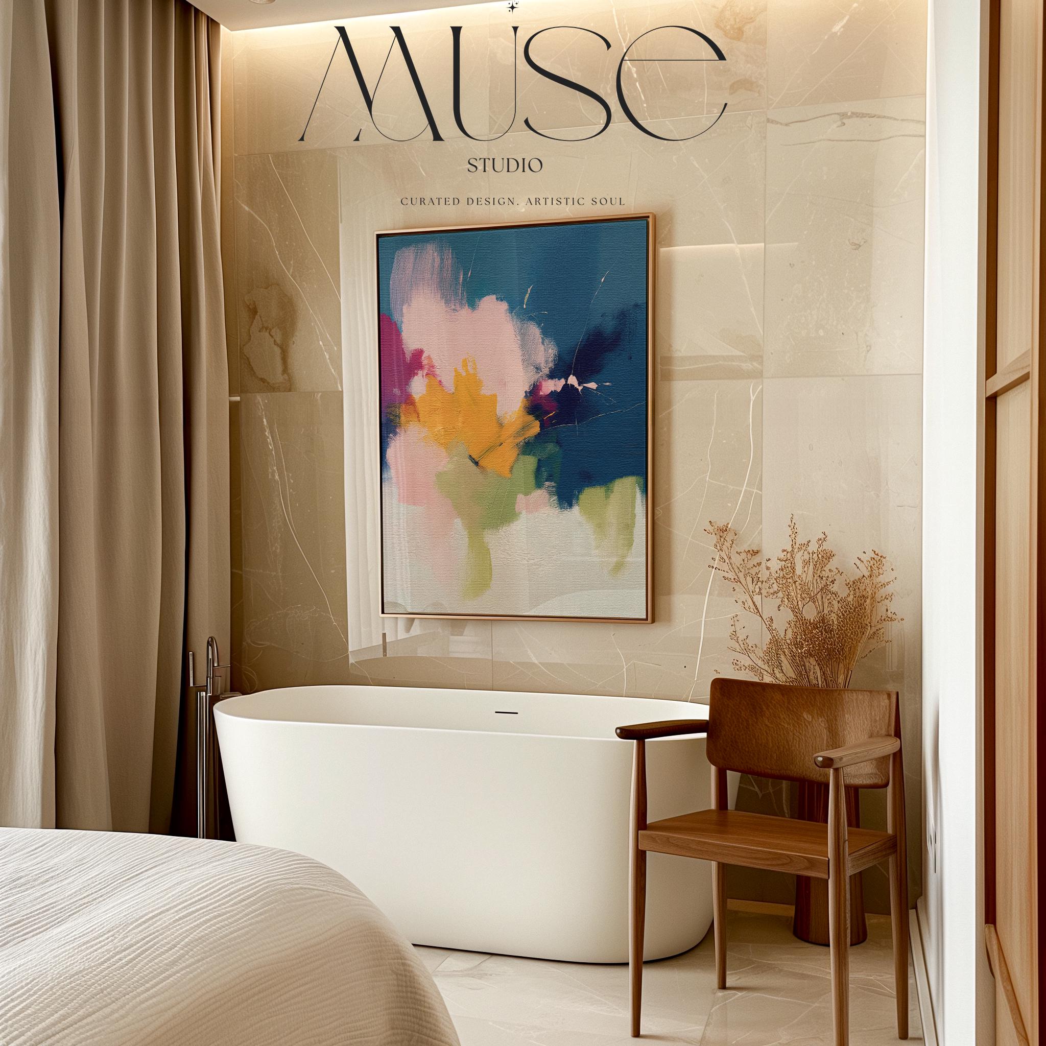 Vertical abstract canvas wall art by Muse Studio printed with museum-grade giclée inks on premium gallery-wrapped artist canvas, featuring navy blue and golden ochre in a bold contemporary composition for refined living spaces.