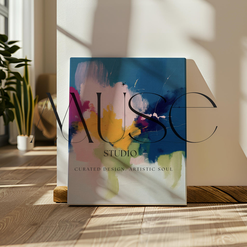 Vertical abstract canvas wall art by Muse Studio printed with museum-grade giclée inks on premium gallery-wrapped artist canvas, featuring navy blue and golden ochre in a bold contemporary composition for refined living spaces.