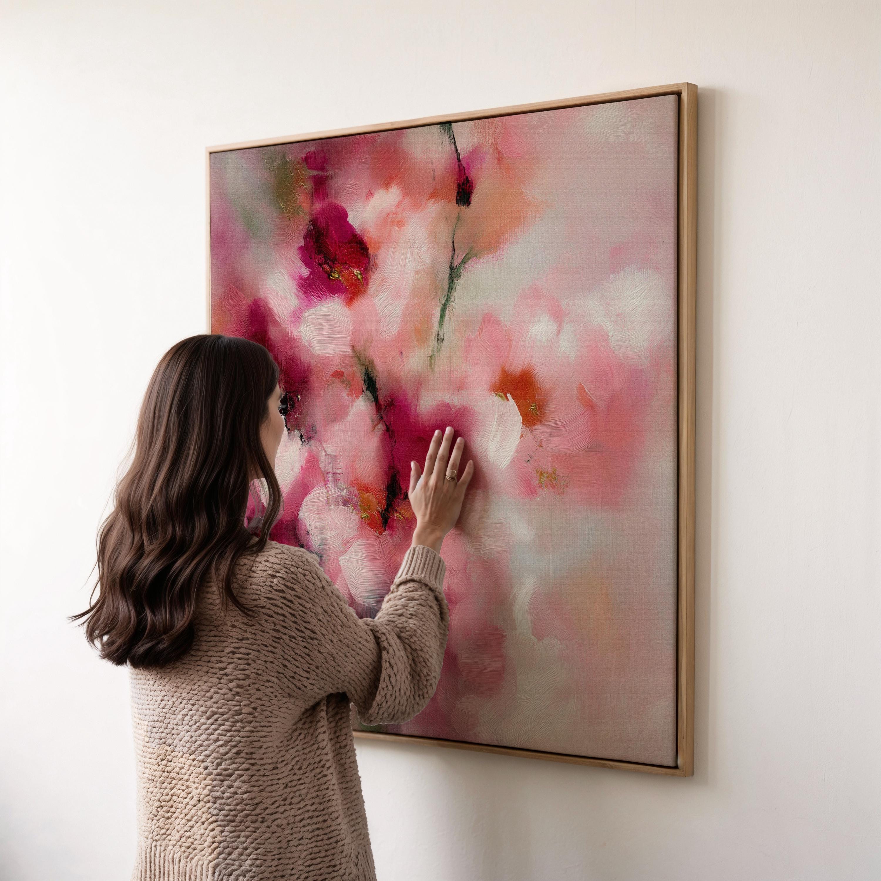 Large square abstract canvas wall art by Muse Studio produced with museum-grade giclée inks on premium gallery-wrapped artist canvas, blending blush pink and berry botanical tones in a romantic designer composition.