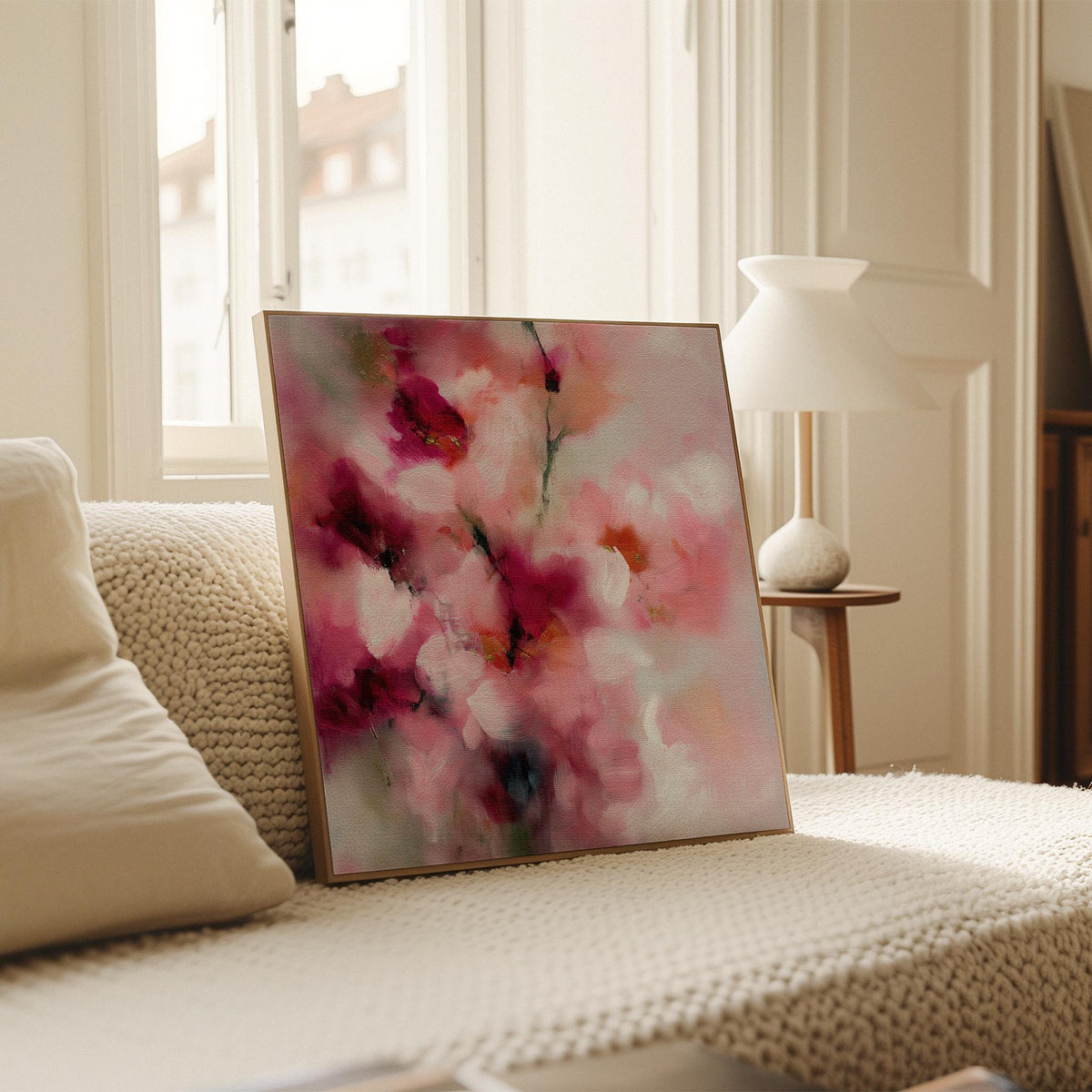 Large square abstract canvas wall art by Muse Studio produced with museum-grade giclée inks on premium gallery-wrapped artist canvas, blending blush pink and berry botanical tones in a romantic designer composition.